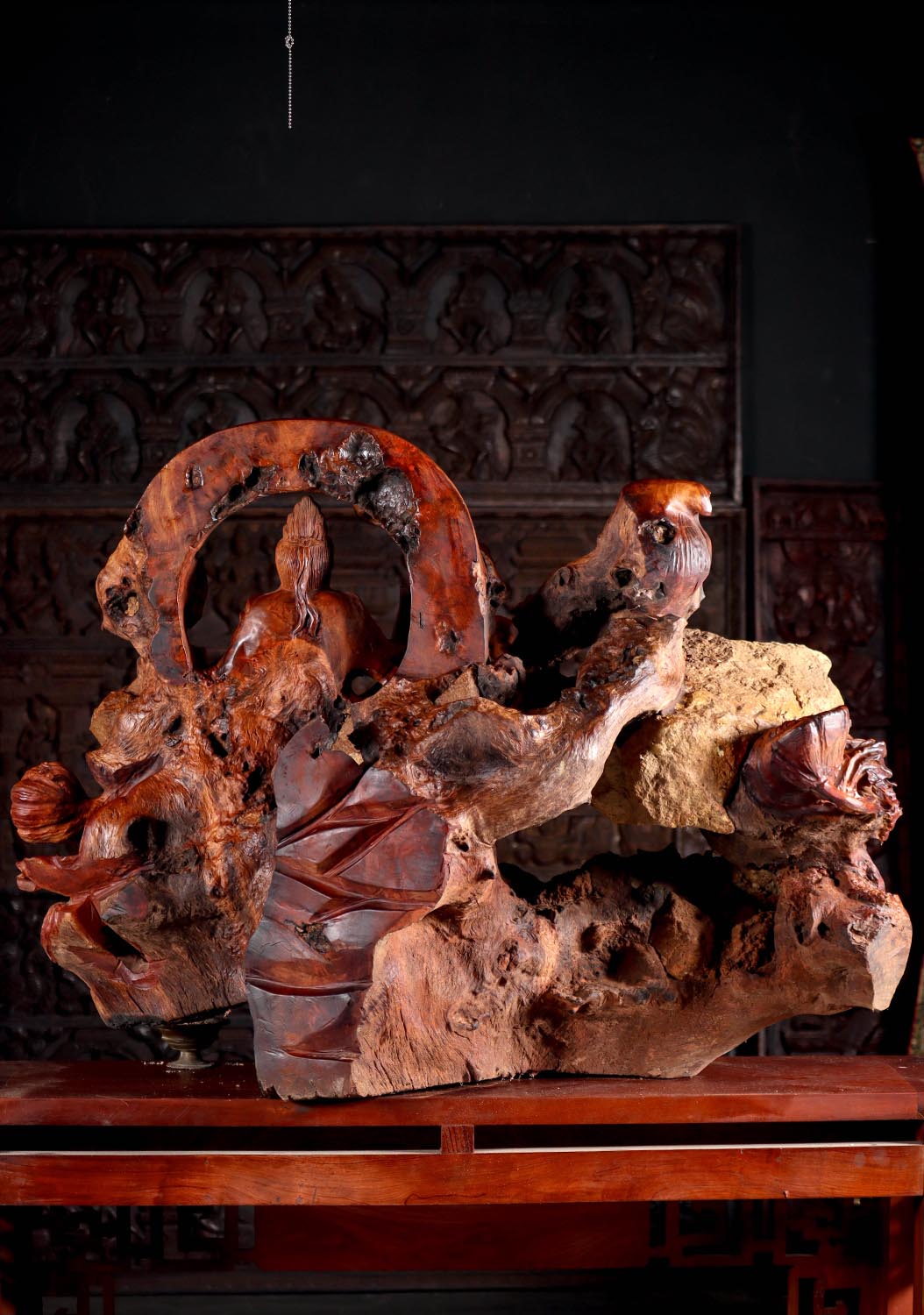 Hand Carved Avalokiteshvara Statue Laying on Lotus, Waves, Namaste Child & Natural Stone 33"