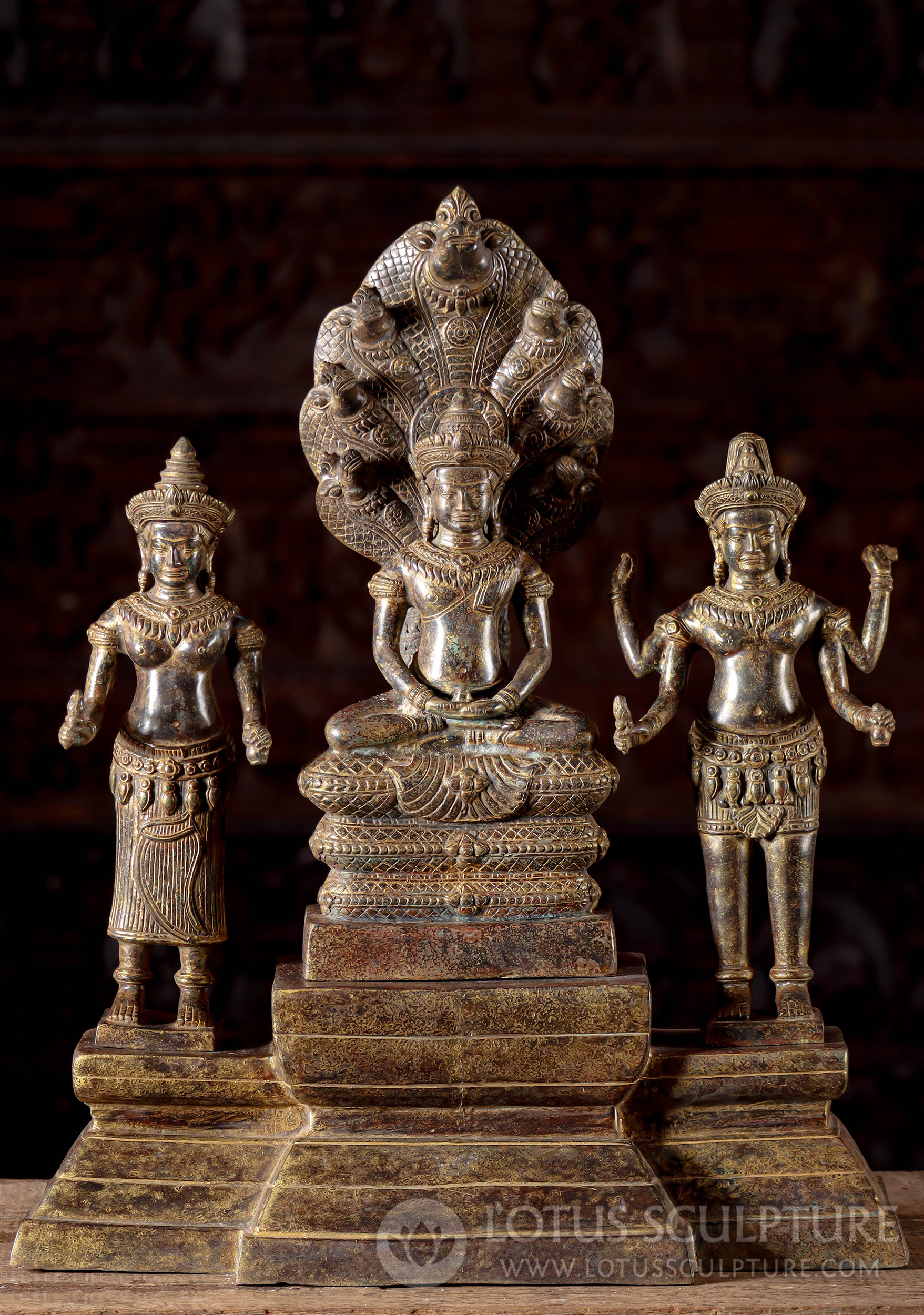 Cambodian Bronze Buddha, Vishnu, and Lakshmi on Serpent Base in Antique Patinas 24"