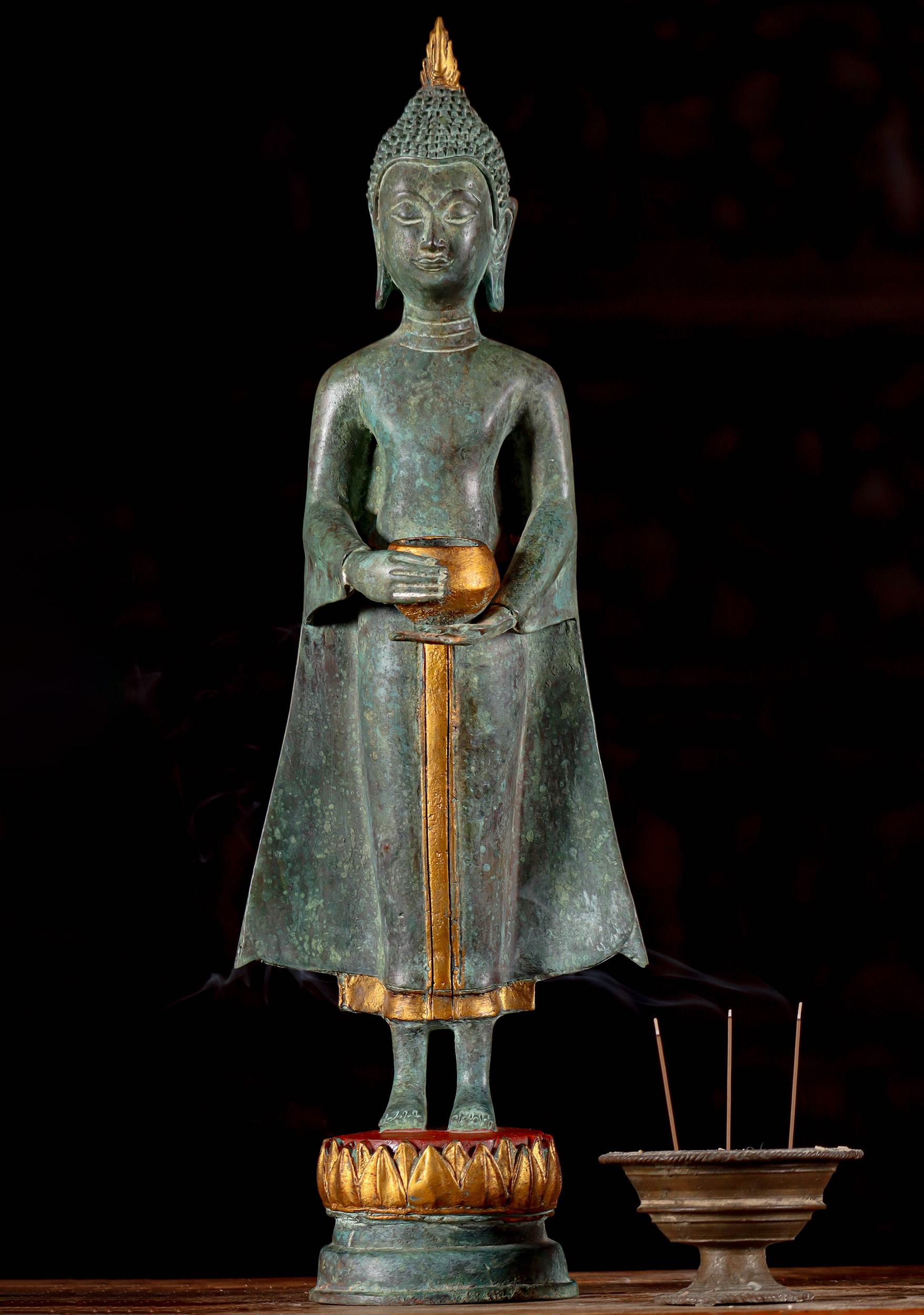 Brass Standing Gold and Green Thai Uttong Buddha Statue Flowing Robes on Lotus Base 22"