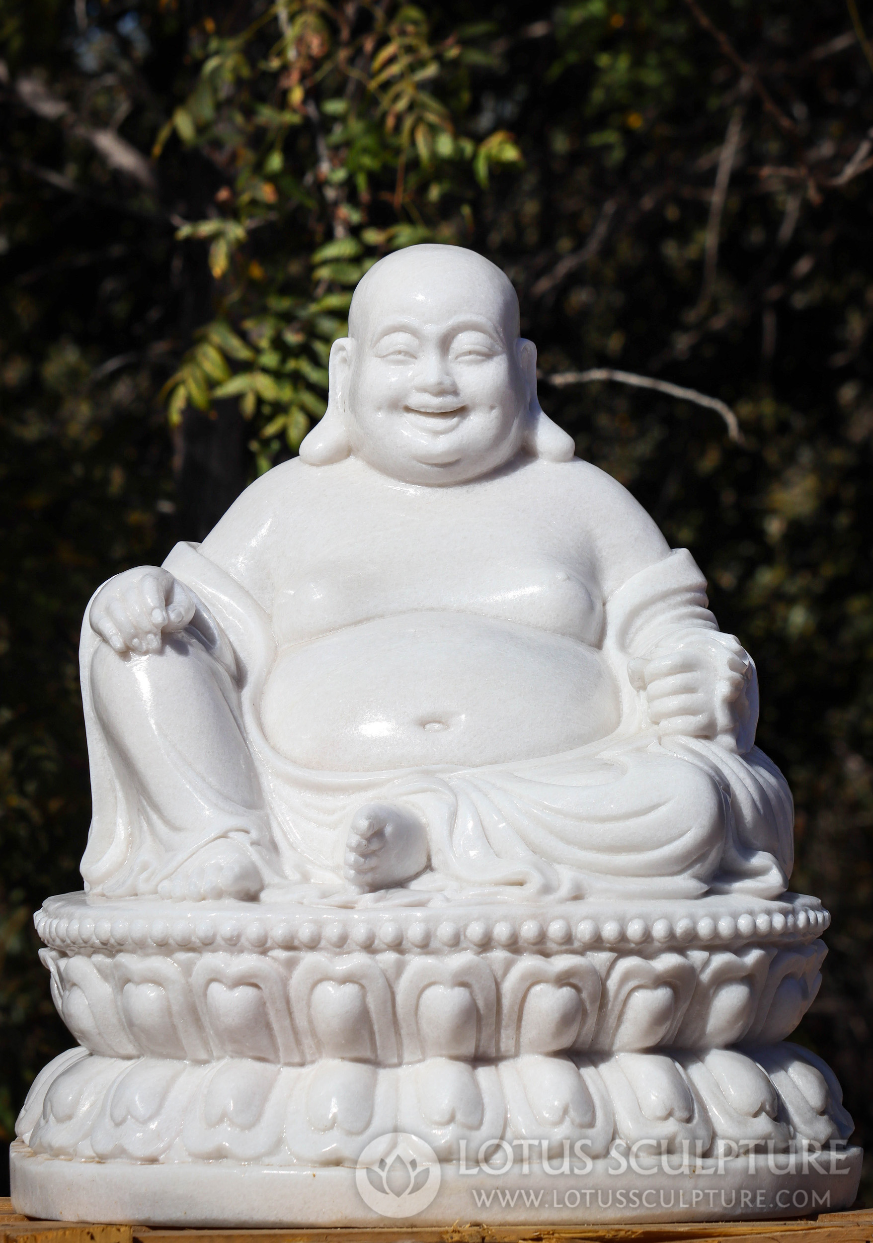White Marble Hand-Carved Hotei Buddha of Wealth, Joyful Expression, Double Lotus Base 28"