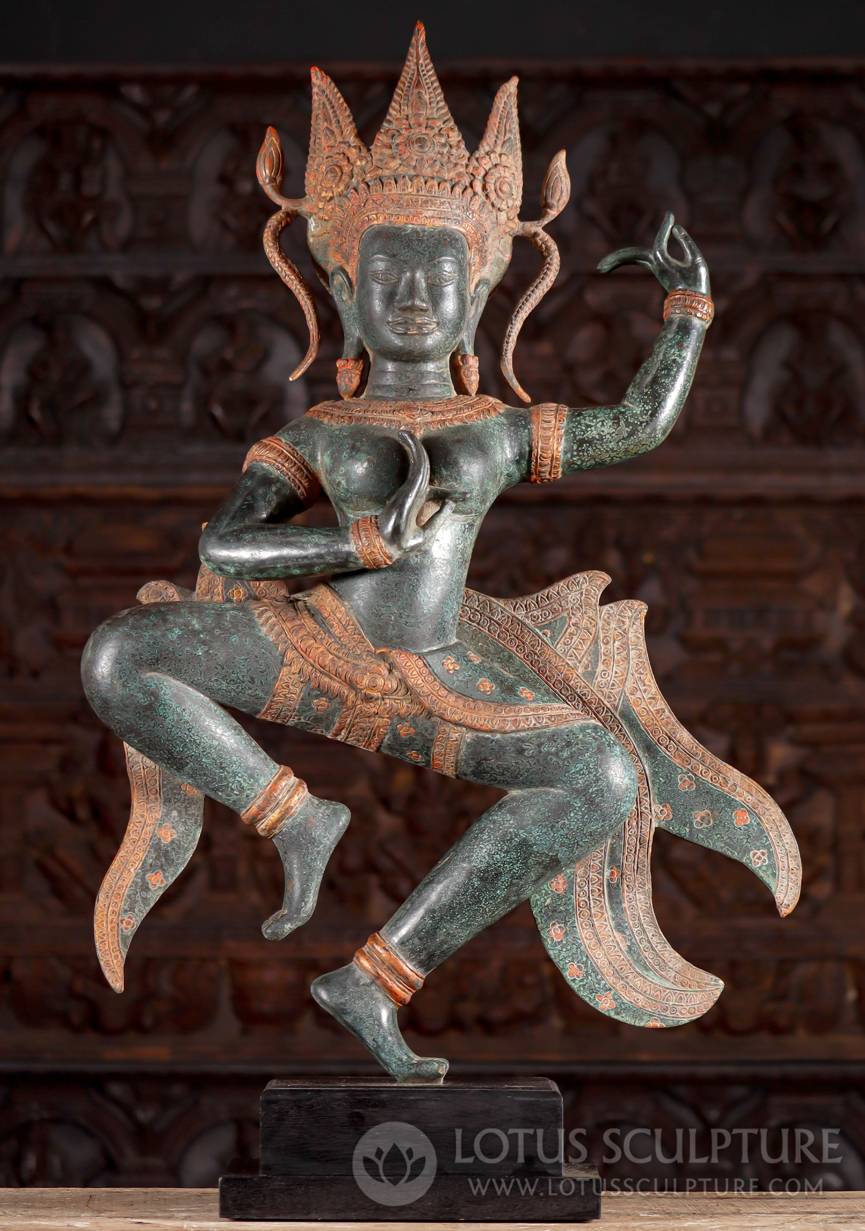 Bronze Dancing Apsara Statue with Beautiful Patina & Cambodian Headdress on Base 36"