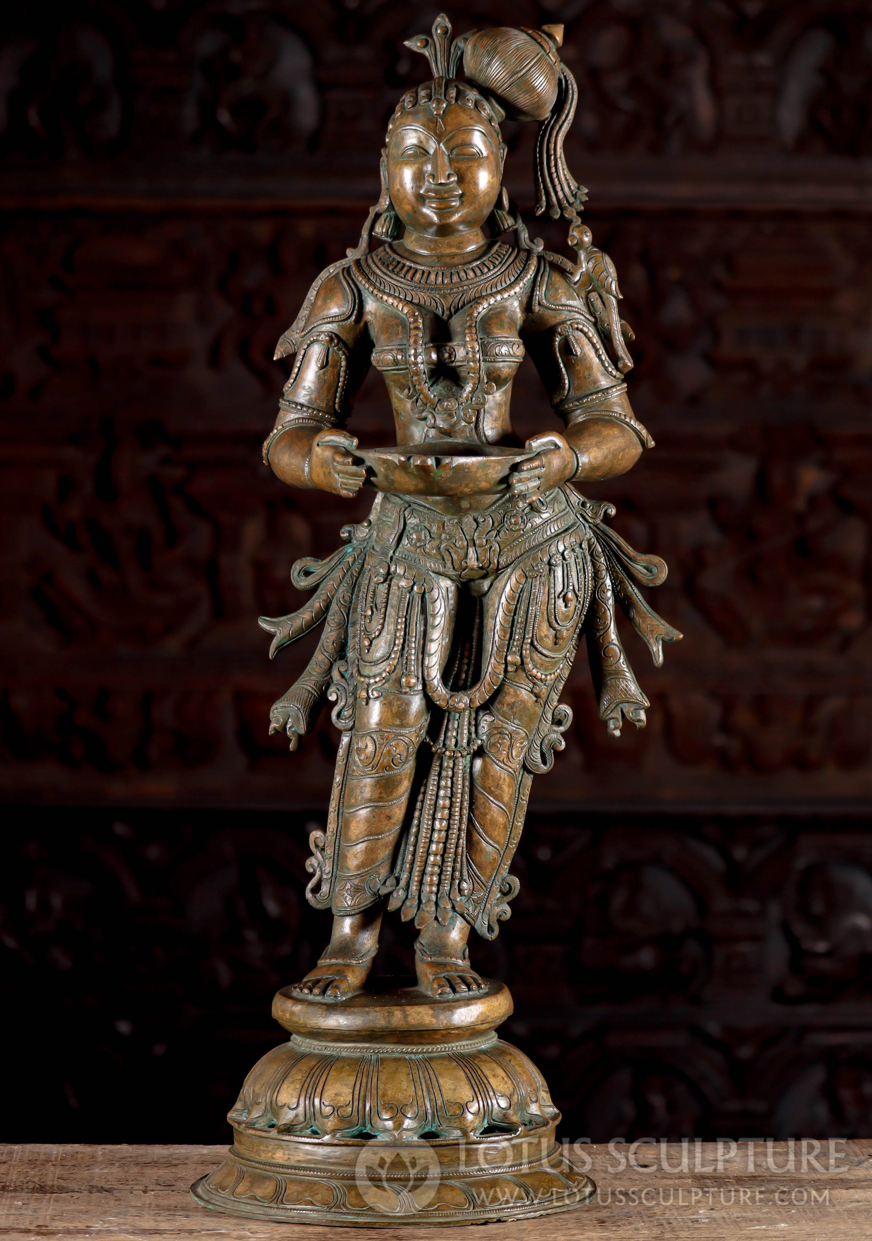 South Indian Panchaloha Bronze Deepa Lakshmi Statue with Lamp, Ideal for Diwali Festival 30"