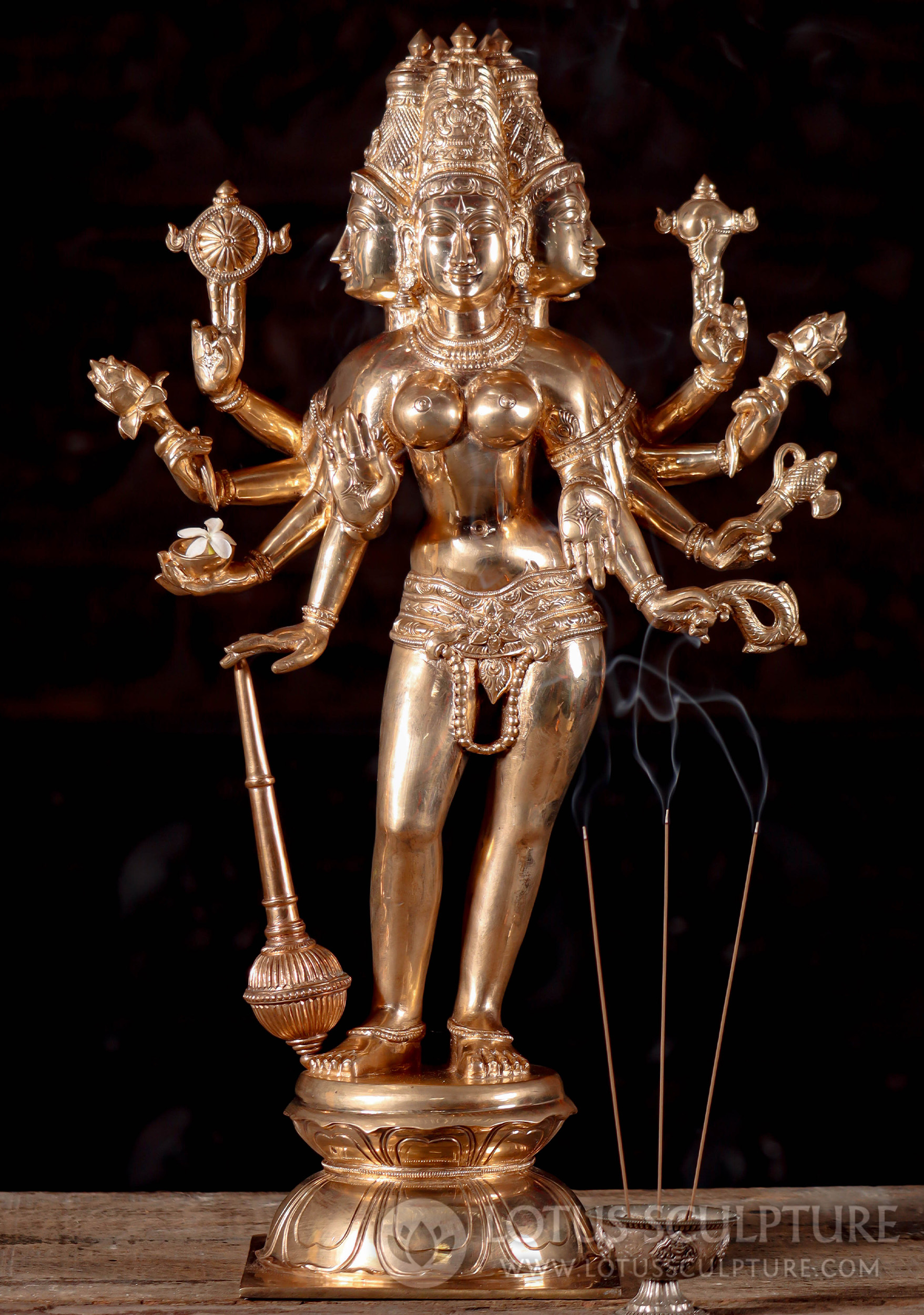 Polished Bronze Gayatri Statue with Five Heads and Ten Arms, Lord Vishnu Symbols 24"