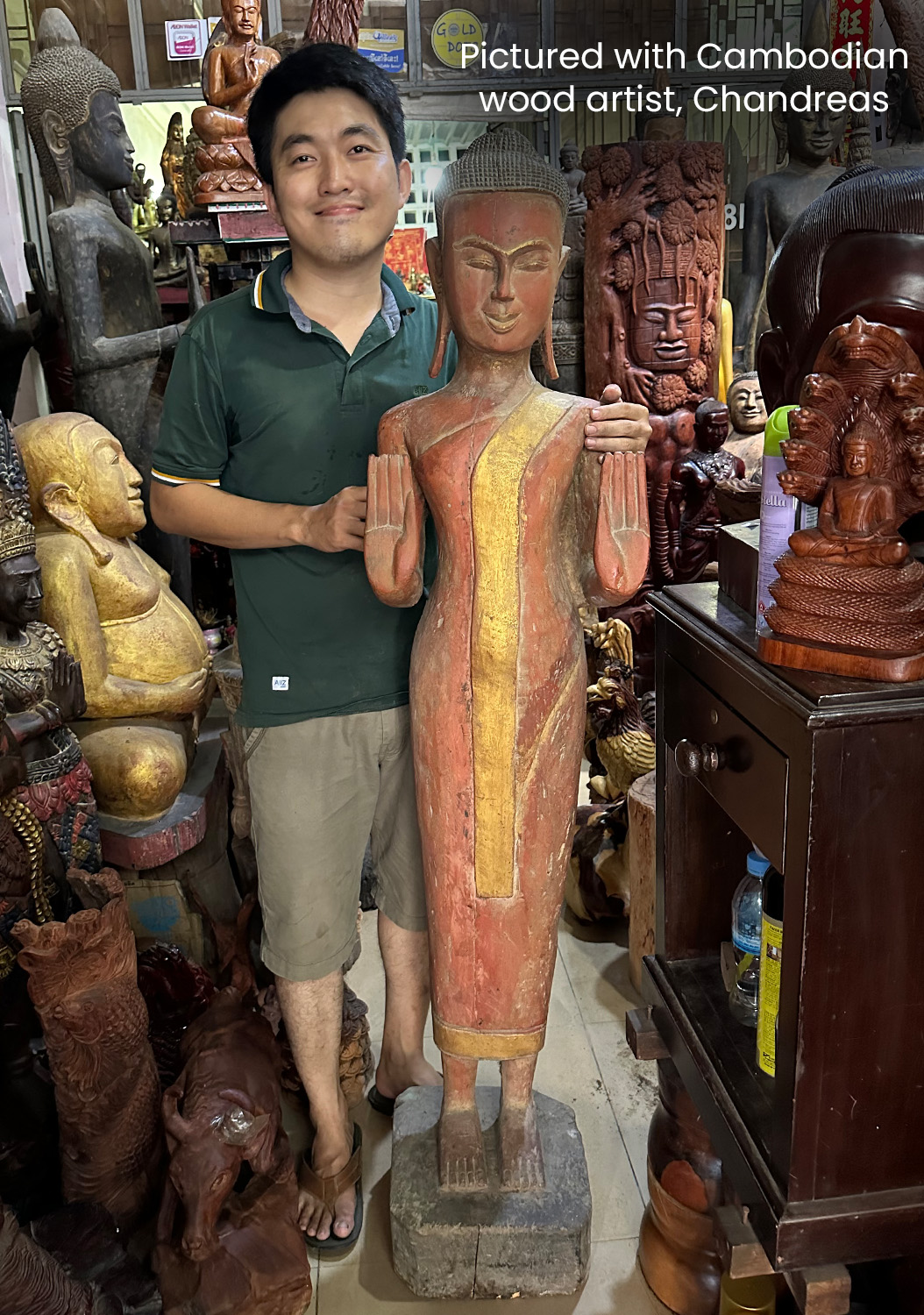Buddha Statue Carved from Antique Reclaimed Teak Wood in Cambodia Double Abhaya Mudra 61"