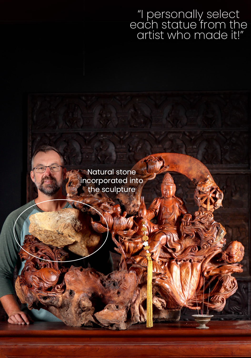Hand Carved Avalokiteshvara Statue Laying on Lotus, Waves, Namaste Child & Natural Stone 33"