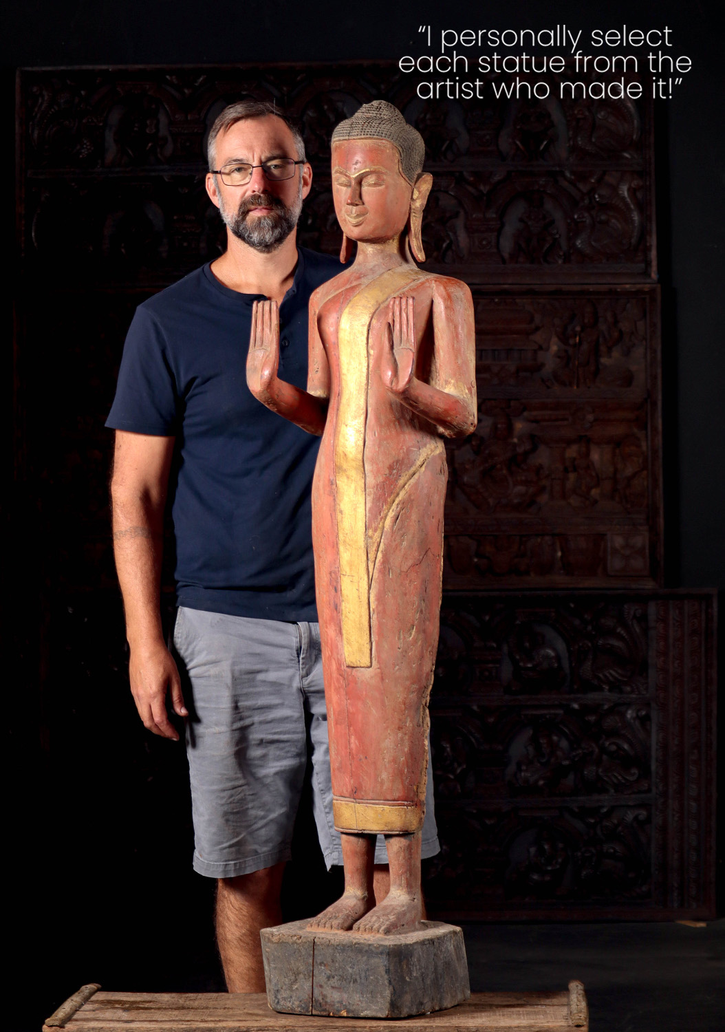 Buddha Statue Carved from Antique Reclaimed Teak Wood in Cambodia Double Abhaya Mudra 61"