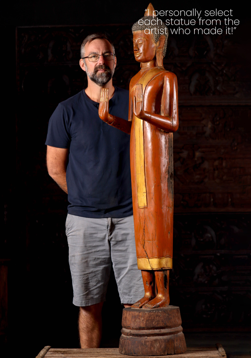 Wood Buddha Carved from Antique Reclaimed Teak Wood in Cambodia Double Abhaya Mudra 67"