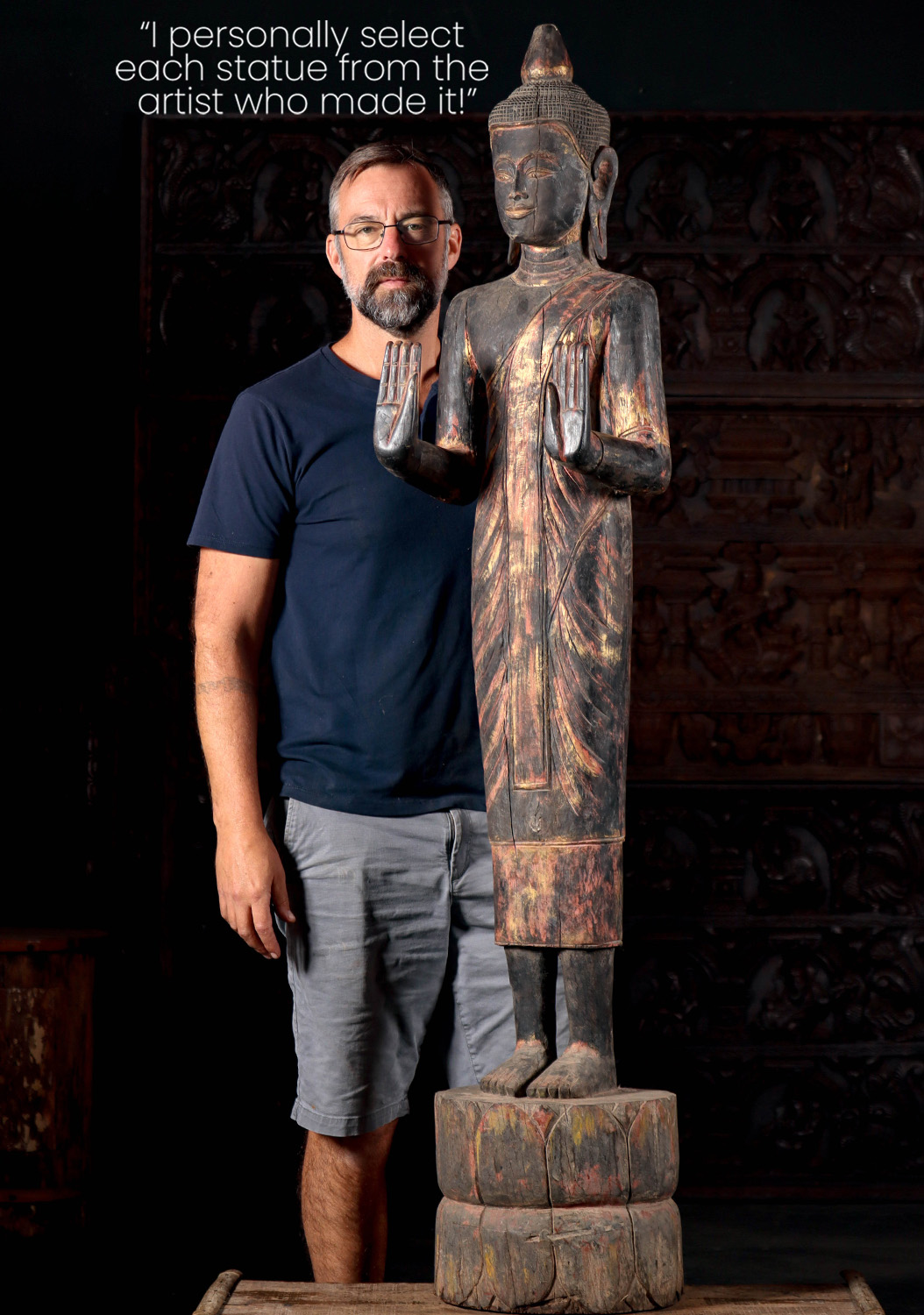 Wood Buddha Carved from Antique Reclaimed Teak Wood in Cambodia Double Abhaya Mudra 68"