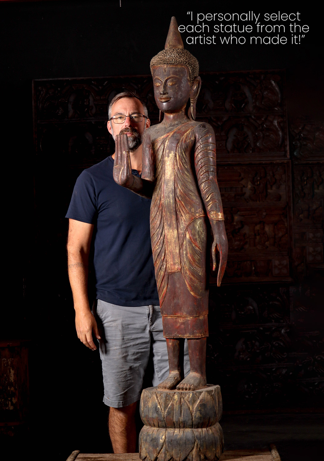 Wood Abhaya Mudra Standing Khmer Cambodian Buddha Statue with Deep Red Coloring 74"