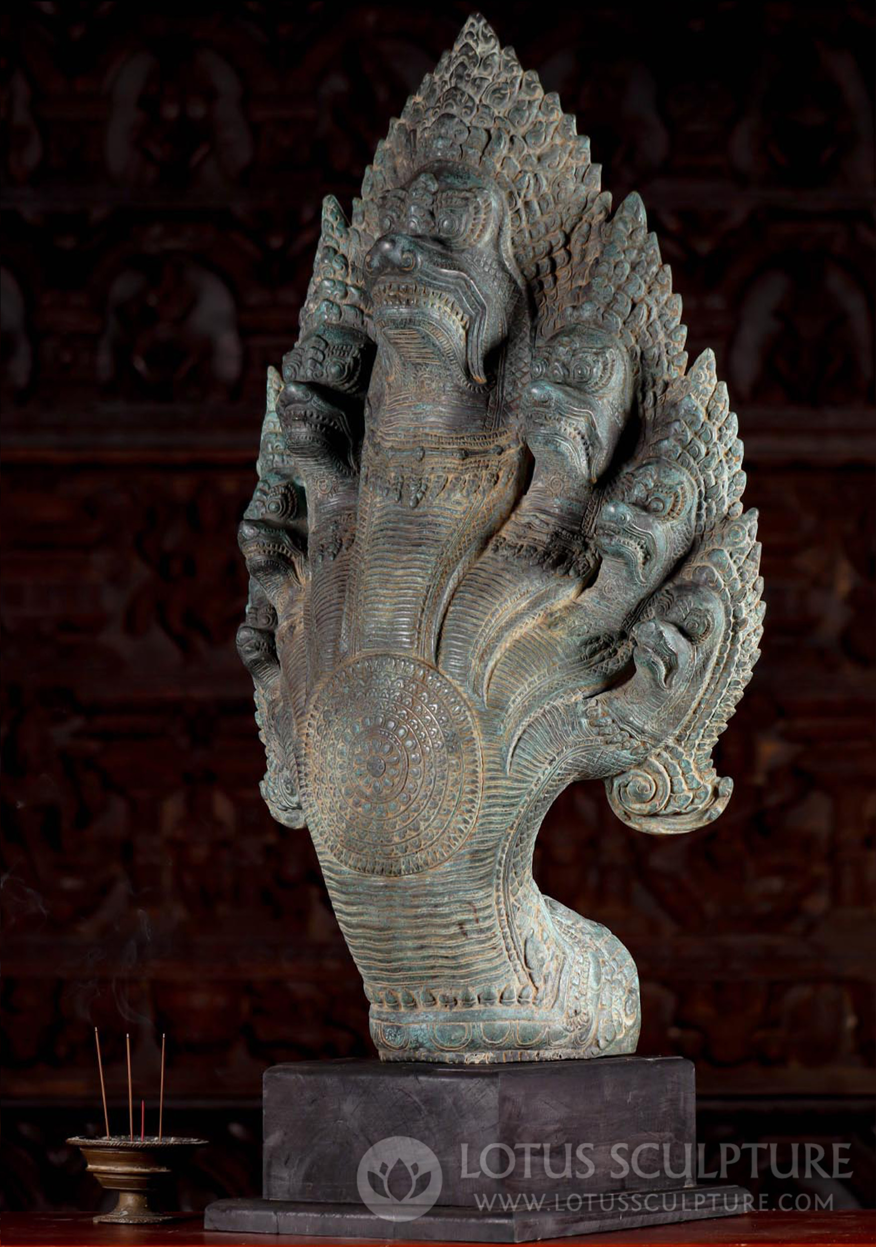 Cambodian Bronze Mucalinda: Naga's Protection of Buddha Antique Green Patina 36"