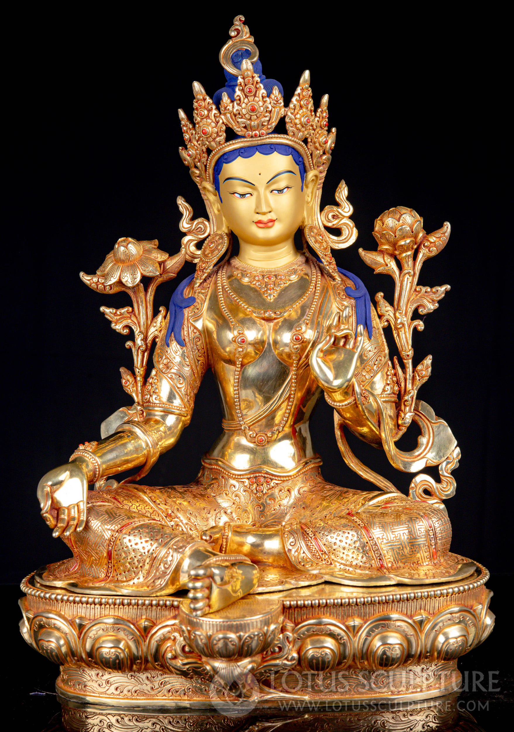 Green Tara "Mother of all Buddhas Statue with 24k Gold and Gemstone Accents 18"