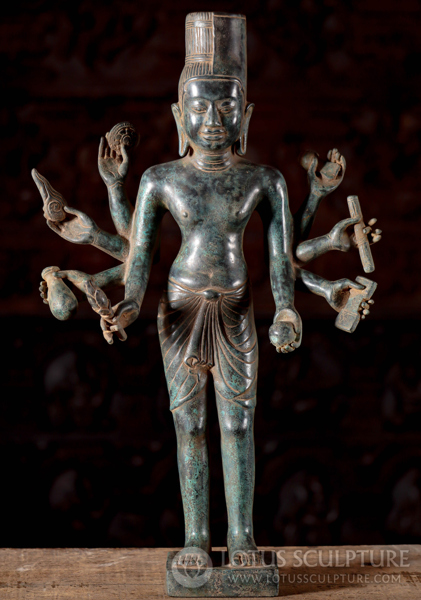 Cambodian Bronze Harihara Statue, Vishnu-Shiva Fusion in Antique Green Patina 22"