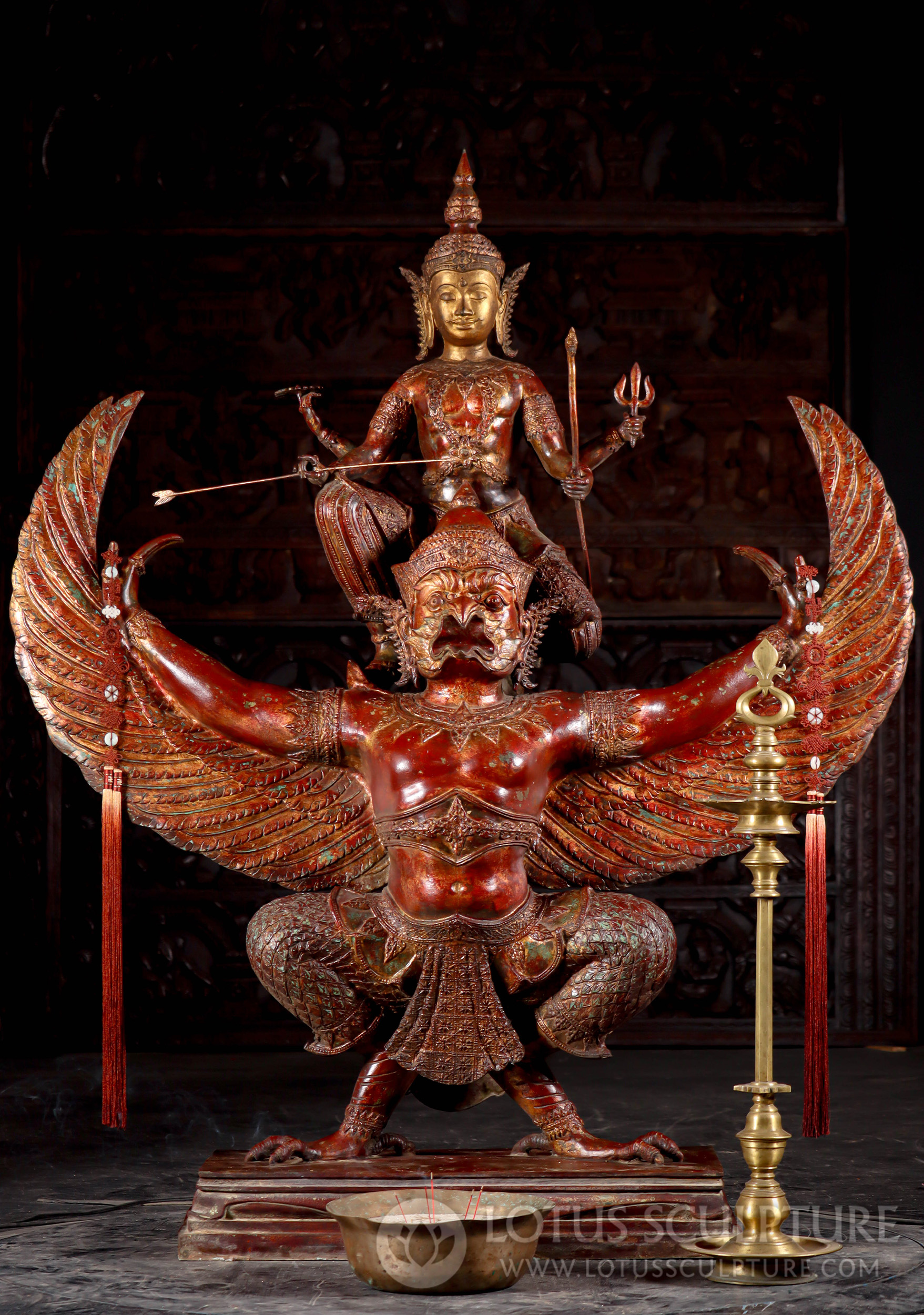 Lord Vishnu Statue Riding on the Shoulders of Garuda with Wings Outstretched 61"