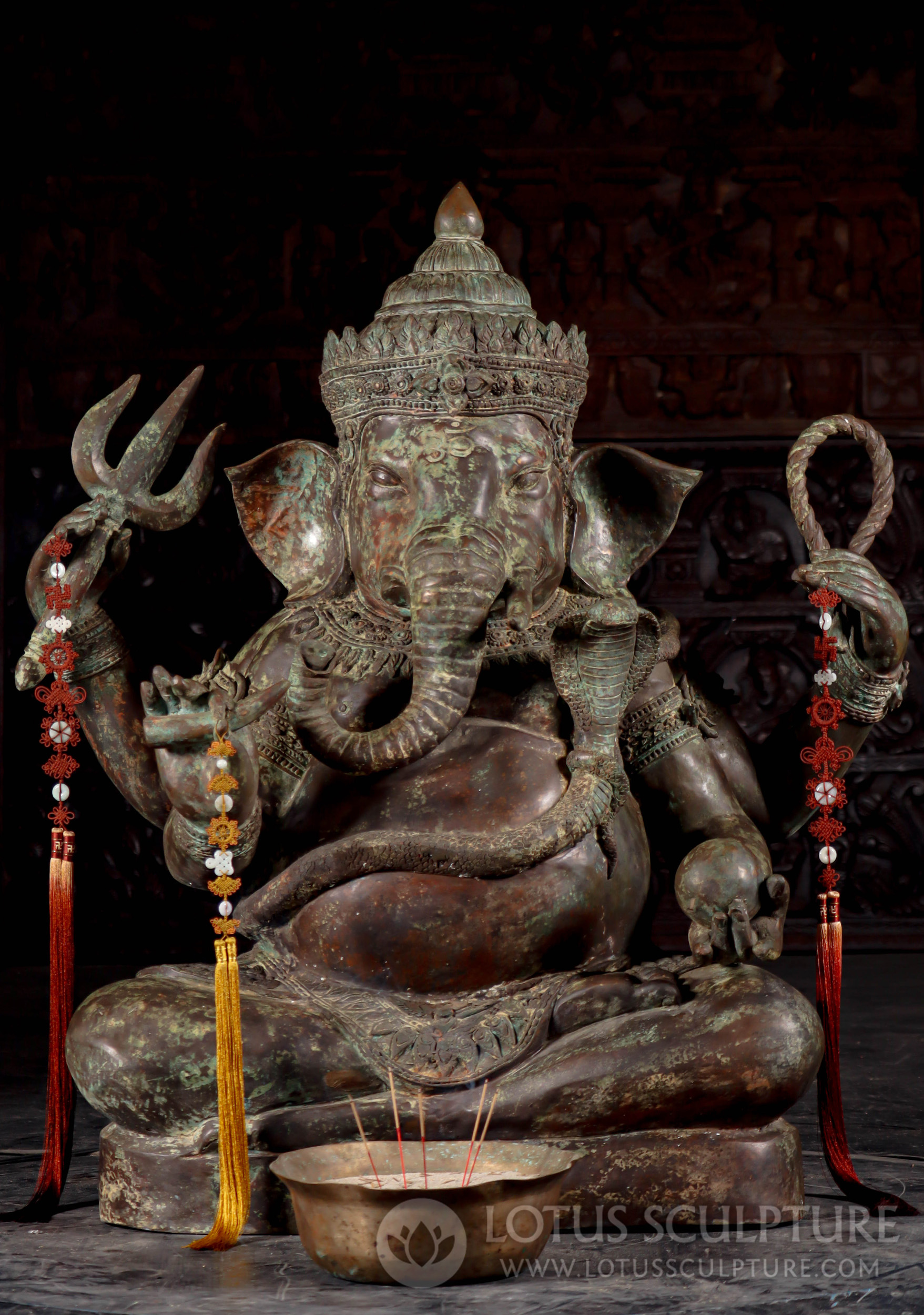 Large Antique Green Patina Thai Brass Ganesha Statue with Trident & Noose 43"