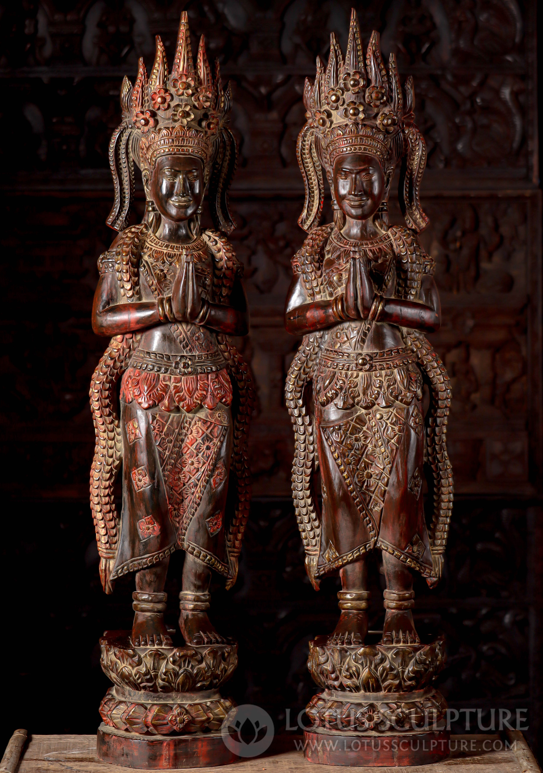 Cambodian Wood Standing Namaste Apsara Statue Pair, Antique Red and Gold 50"