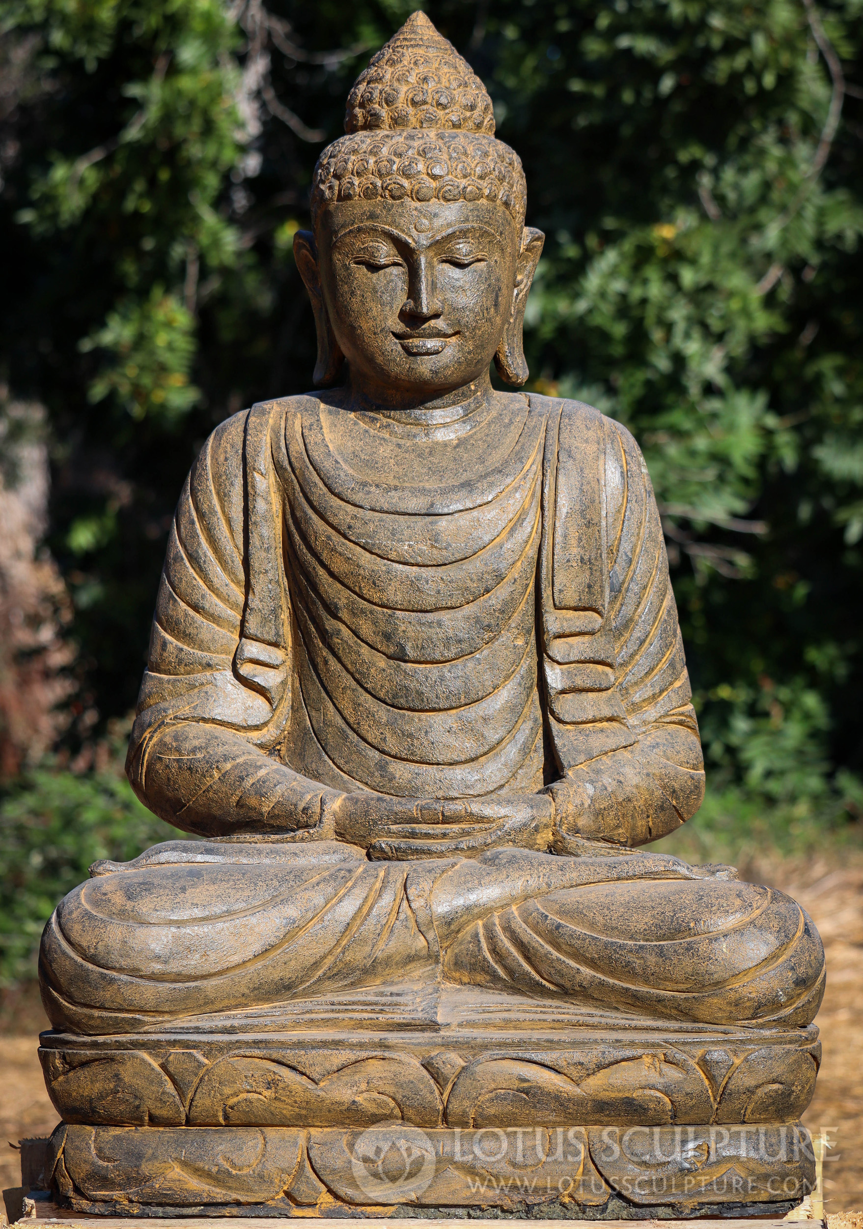 Hand-Carved Saffron Lava Stone Seated Garden Buddha in Full Lotus 40"