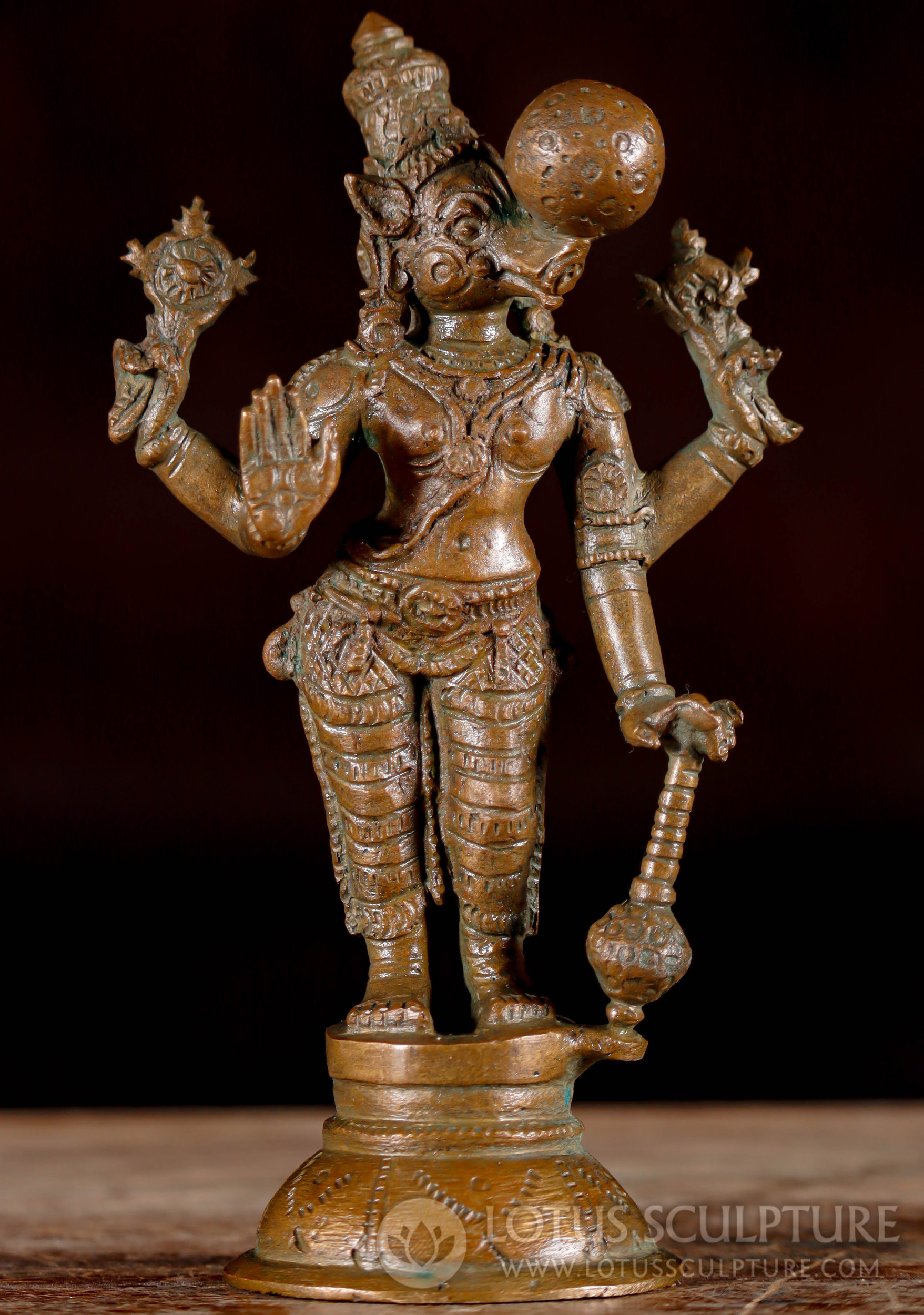 Bronze Statue of Vishnu's Avatar Varaha with Earth on Snout in Abhaya Mudra 6"