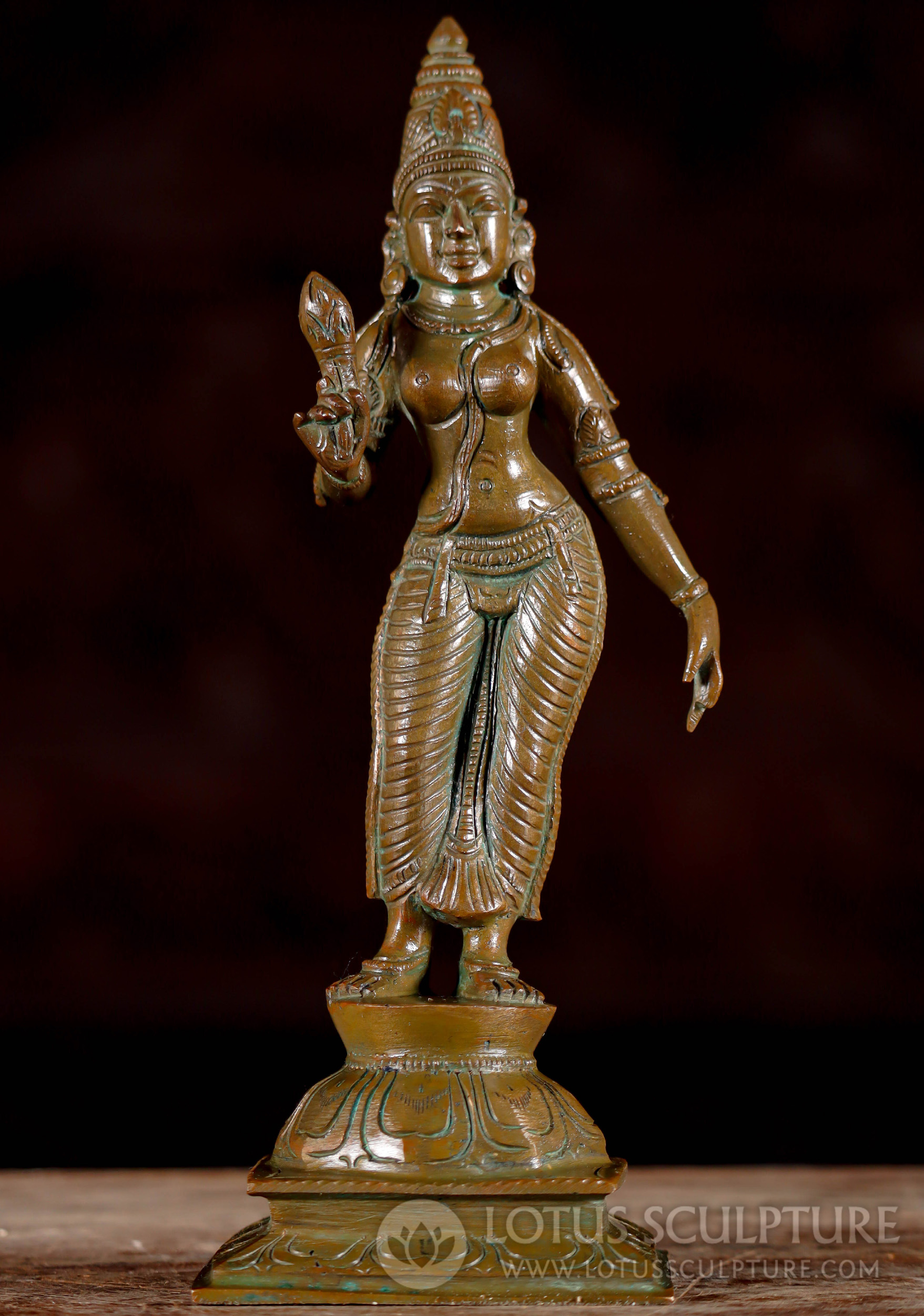 Small Panchaloha Bronze Standing Goddess Parvati Statue on Lotus Base with Lotus Bud 9"