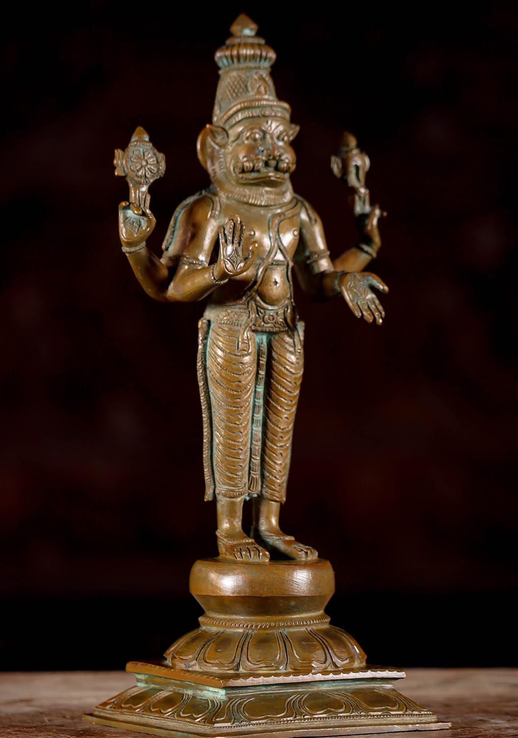 Bronze Narasimha Statue, Abhaya and Varada Mudras with Chakra and Conch 11"