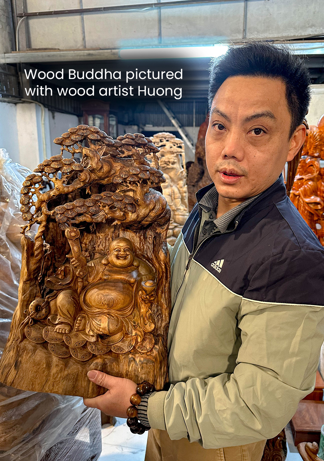 Wood Sculpture of Fat and Happy Buddha of Wealth on Gold Coins with Wish Stick 21"