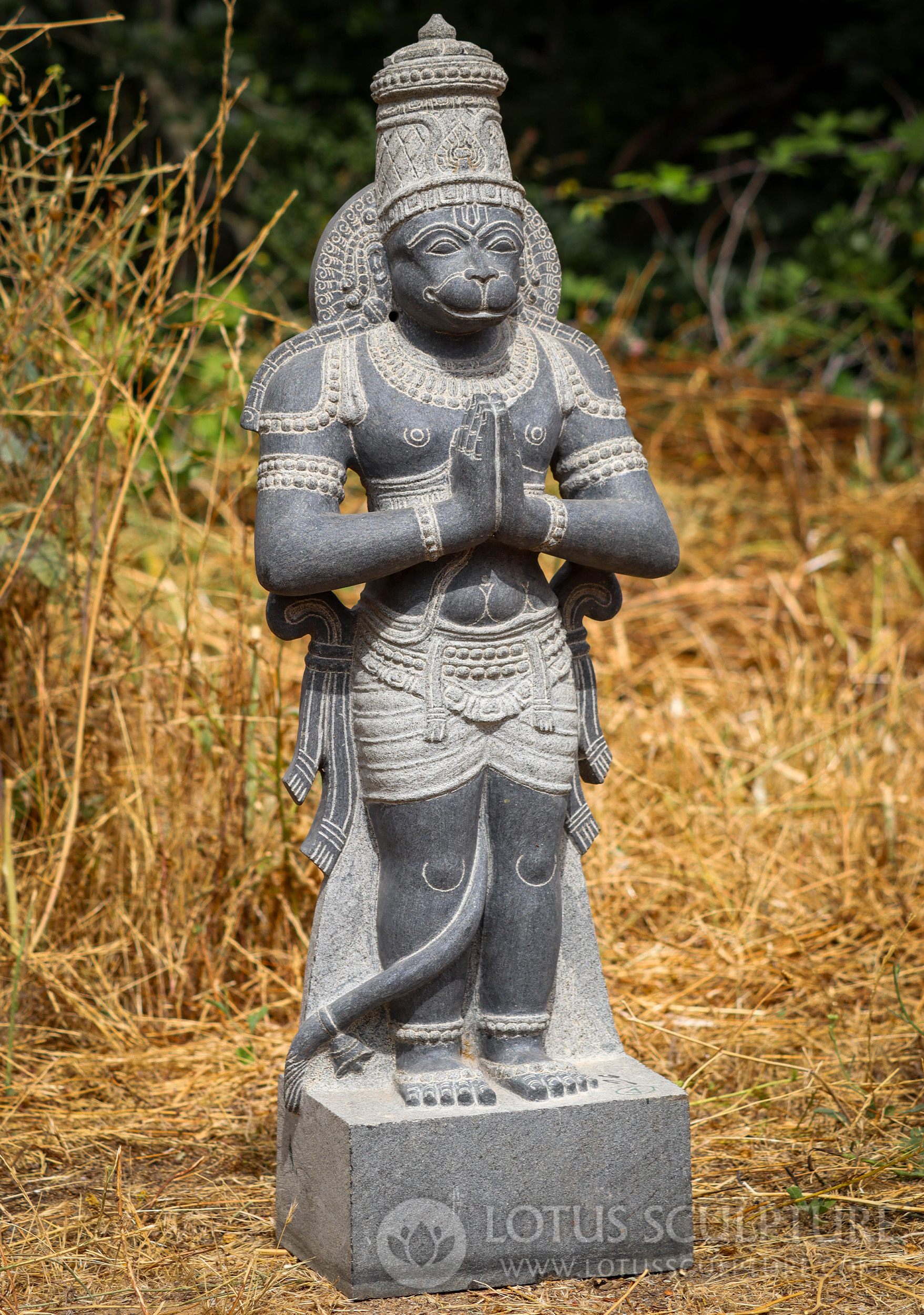 Hanuman Namaste Garden Sculpture Hand Carved Black Granite Hindu Deity 36"
