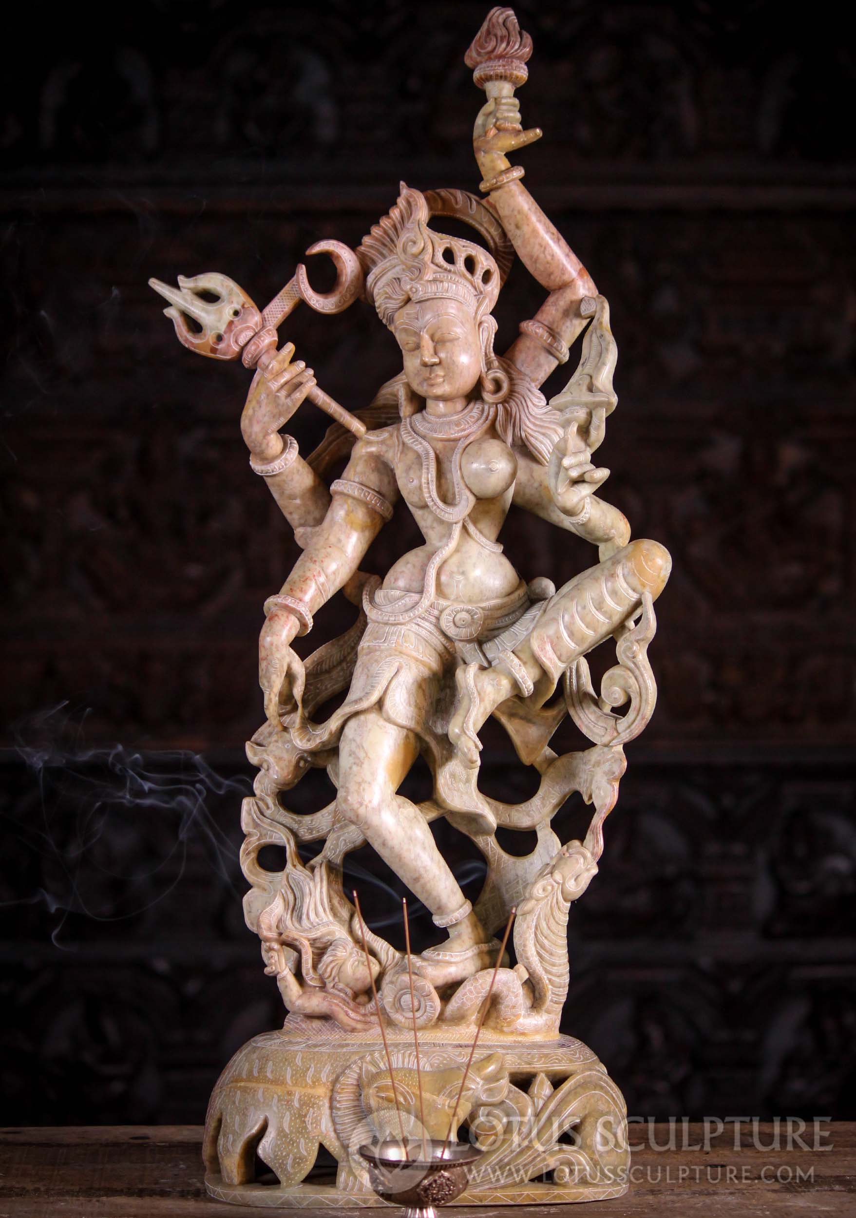 Ardhanari Colorful Hand Carved Marble Statue in Dance on Tiger and Buffalo Base 29"