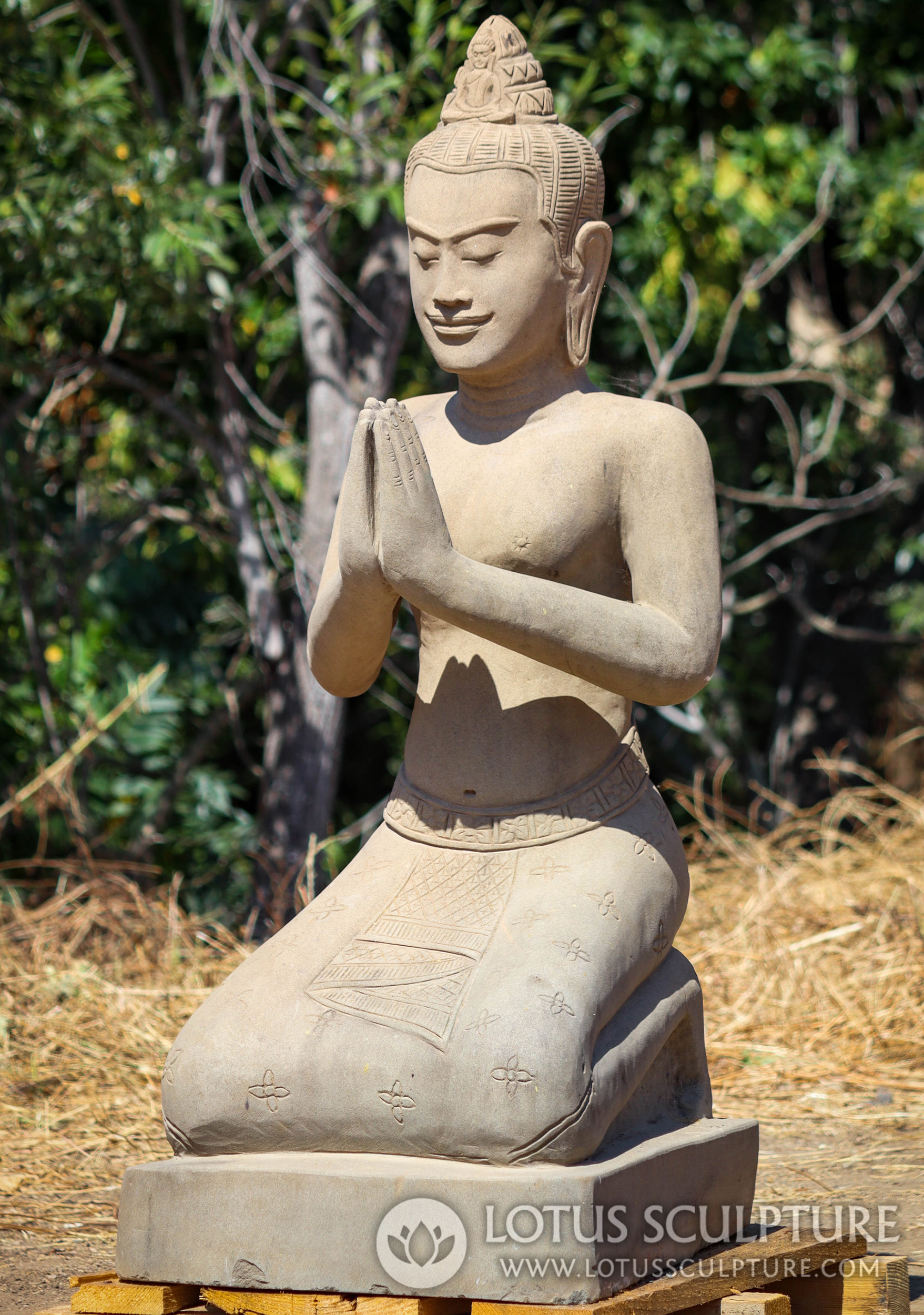 Sandstone Cambodian Queen Indradevi Kneeling in Namaste Hand Position of Greeting 46"
