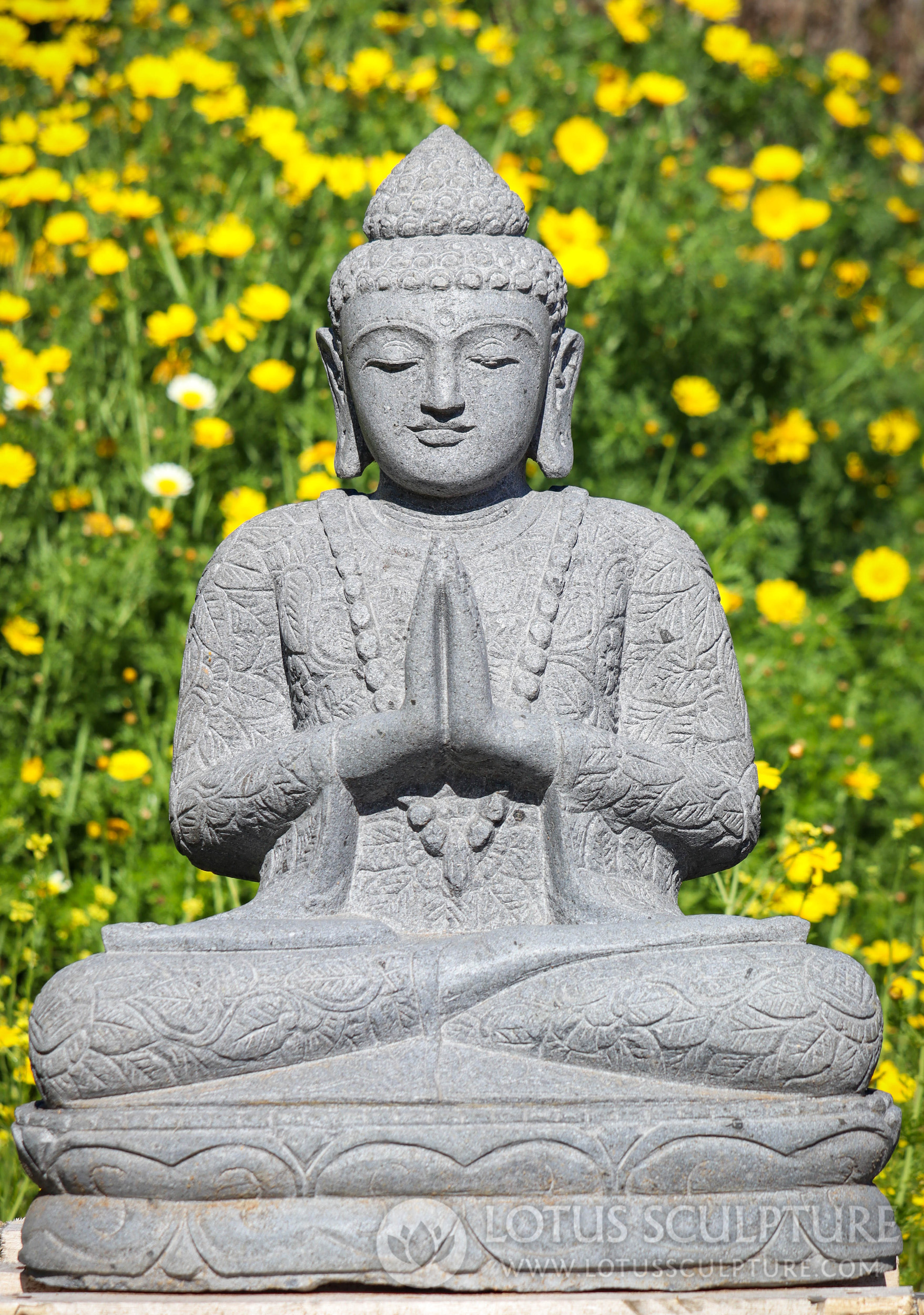 Buddha Garden Sculpture Serene Stone Namaste Wearing Floral Robes & Mala 27"