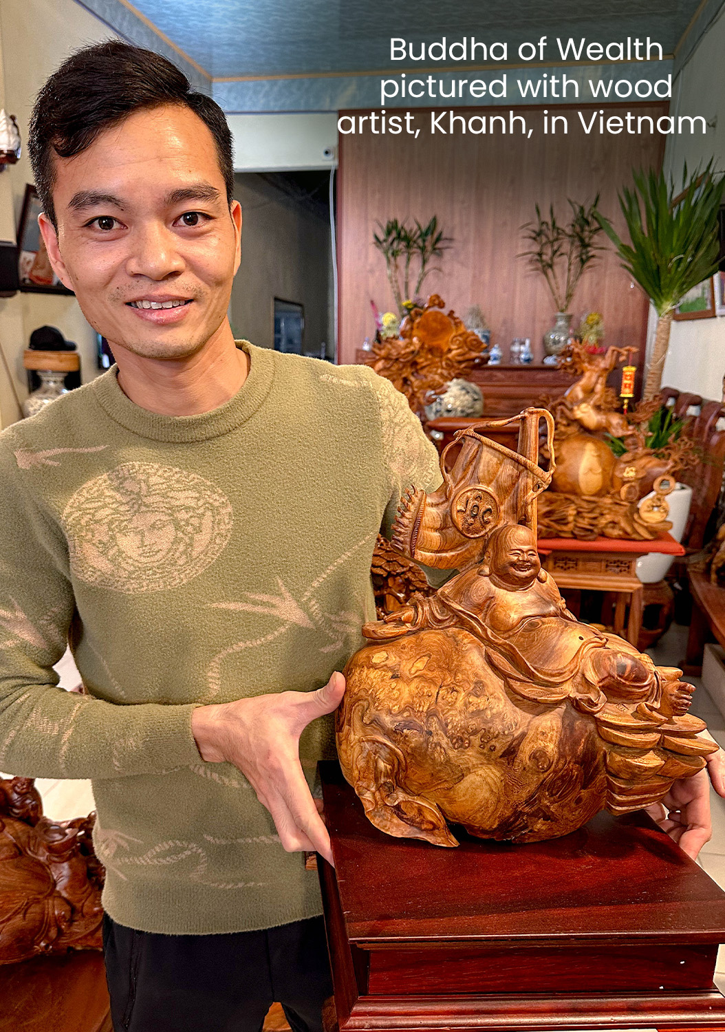 Hotei Buddha Sculpture Featuring Natural Swirling Wood Grain with Coins & Flag 14.5"