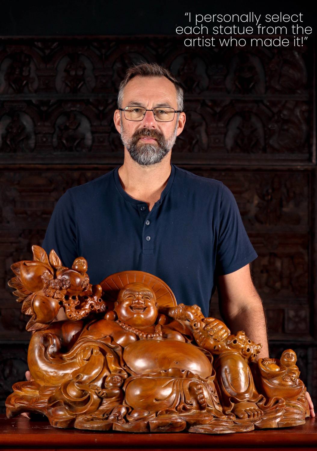 Hotei Buddha of Wealth Wood Statue Lying on a Bed of Gold Coins with Three Children 28"