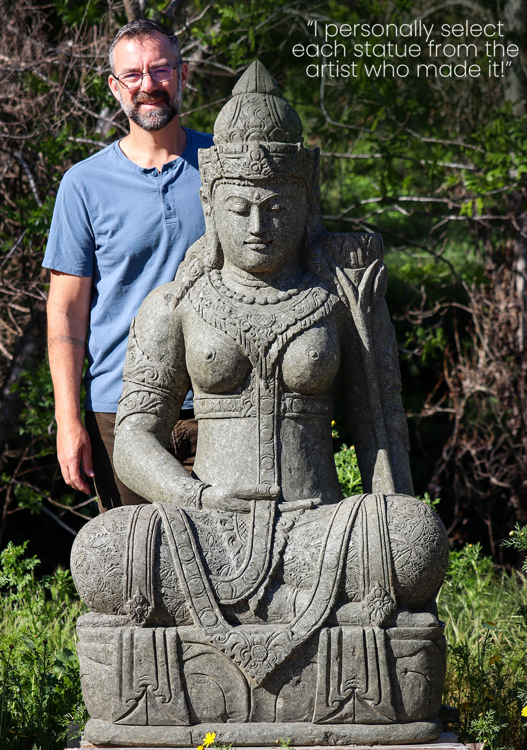 Devi Tara Sculpture - Majestic Lava Stone Garden Deity in Serene Meditation 60"