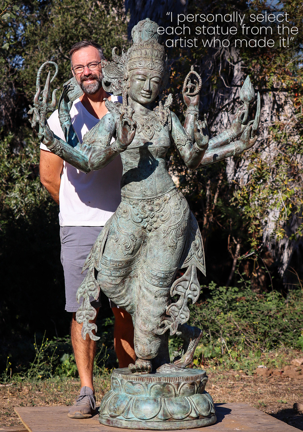 PREORDER Durga Statue with Eight Arms & Antique Green Patina, Life-Size Indonesian Brass 78"