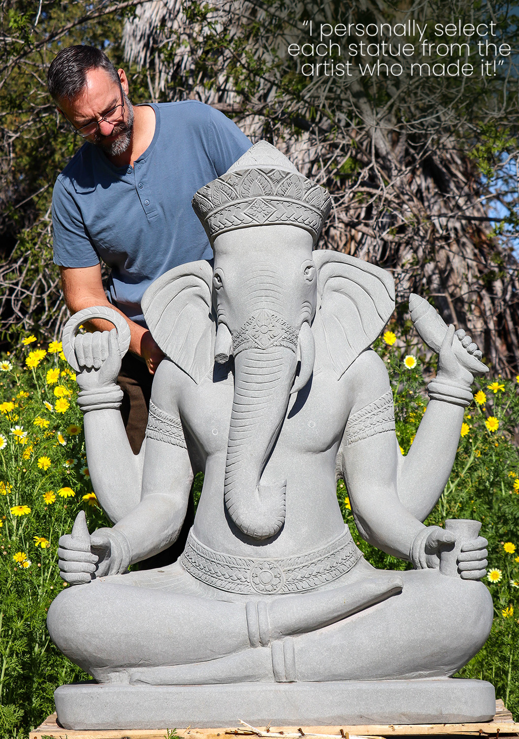 Large Ganesha Garden Sculpture Hand Carved from Stone in Cambodia with Left Facing Trunk 55"