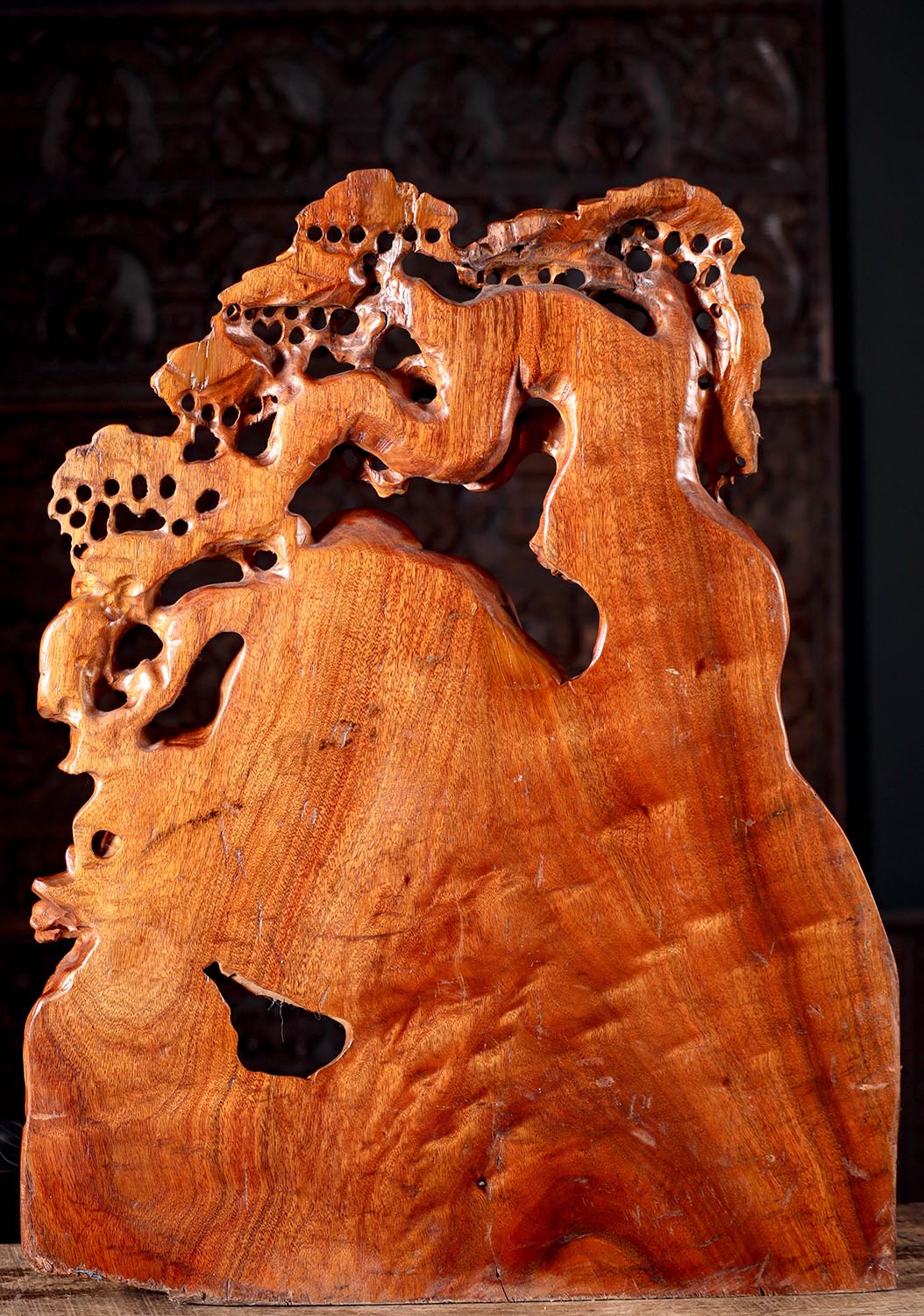 Fat Buddha of Wealth Sculpture Dancing Under Bodhi Tree Hand Carved Wood 30.5"