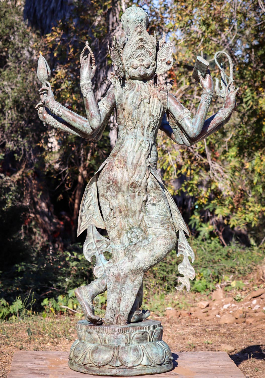 PREORDER Durga Statue with Eight Arms & Antique Green Patina, Life-Size Indonesian Brass 78"