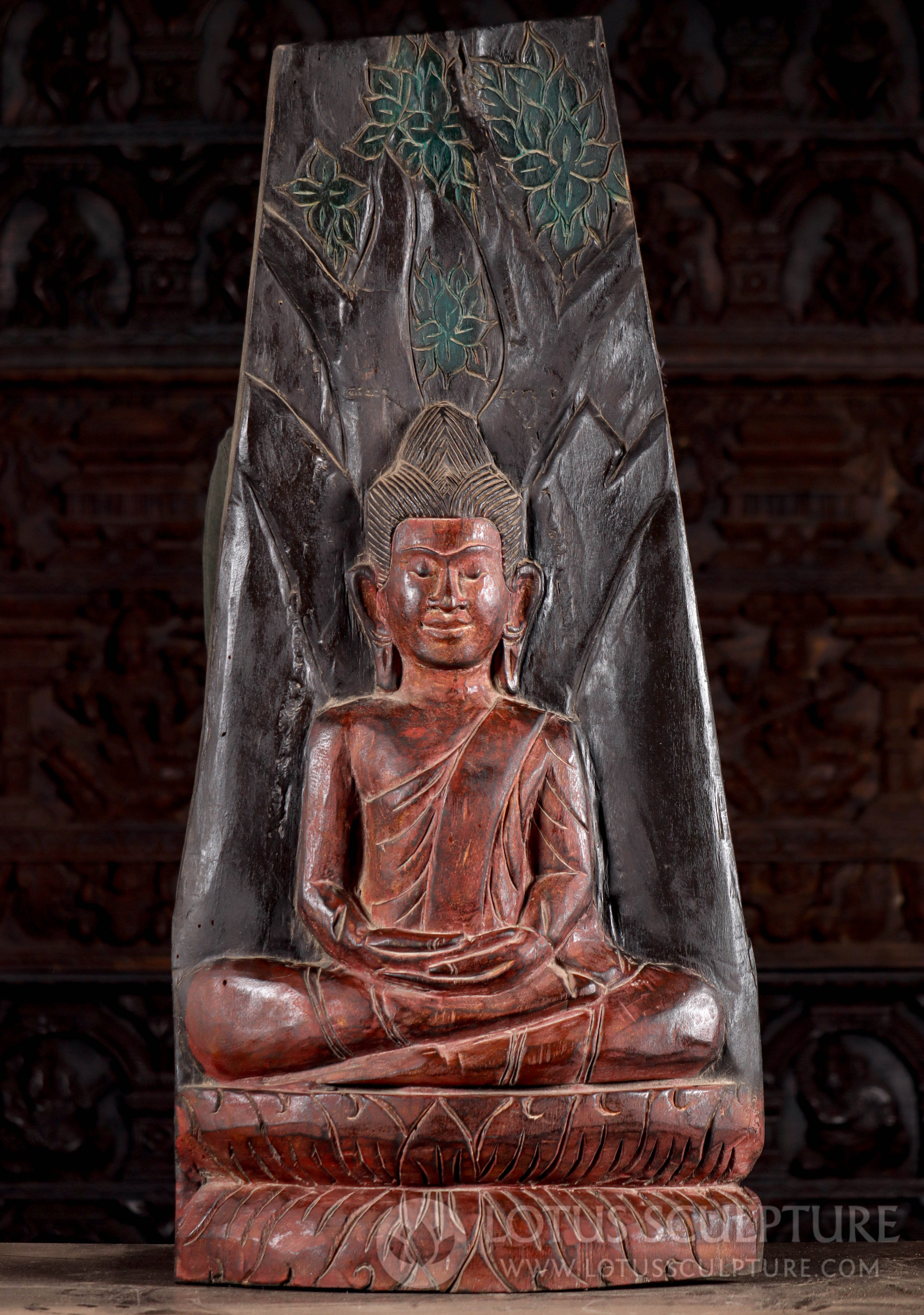 Buddha Meditating Sculpture Under Bodhi Tree Reclaimed Cambodian Wood Wall Panel 42"