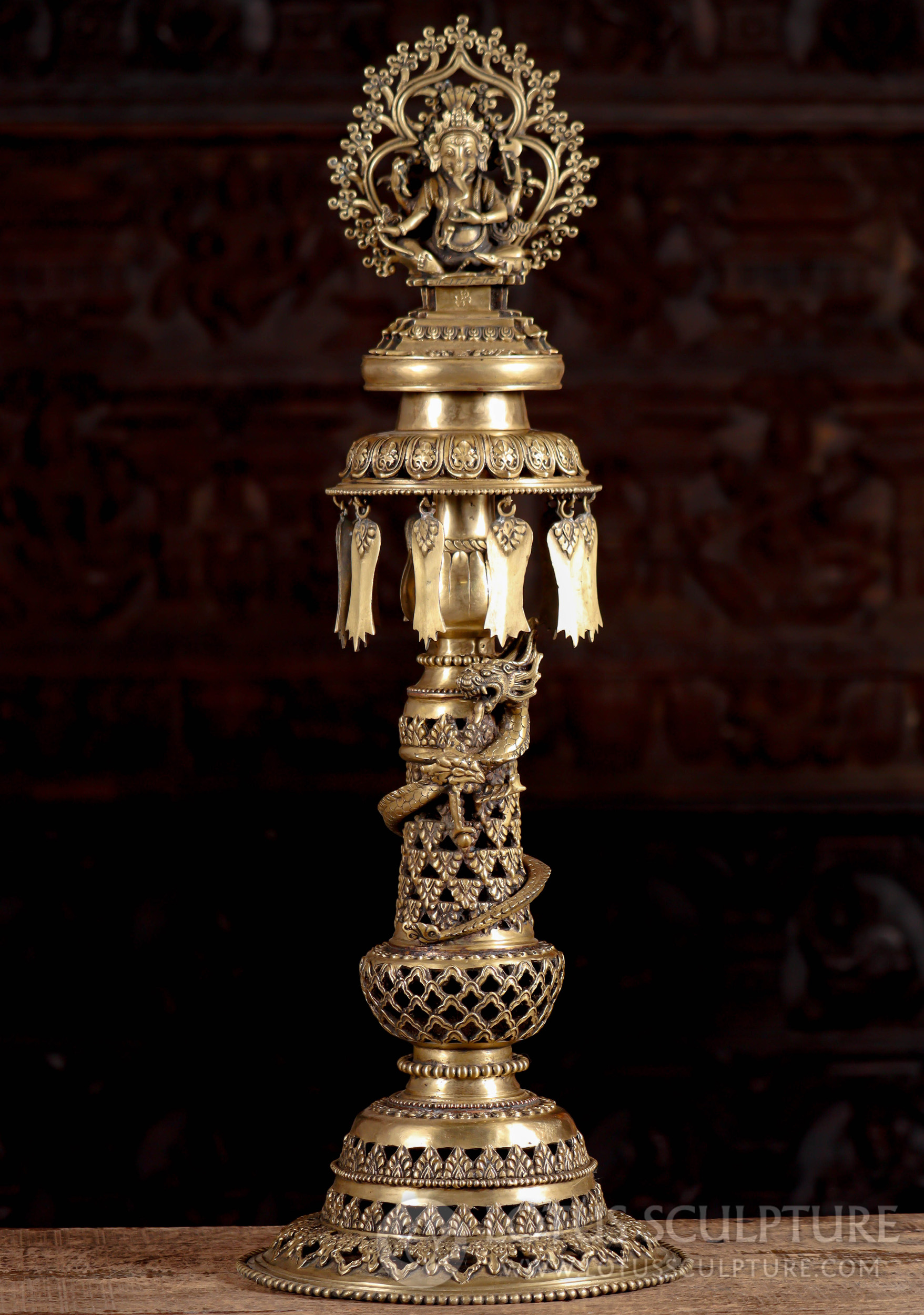 Ganesha and Murugan Deepam Statues with Dragon Polished Gold Nepalese Brass 30.5"