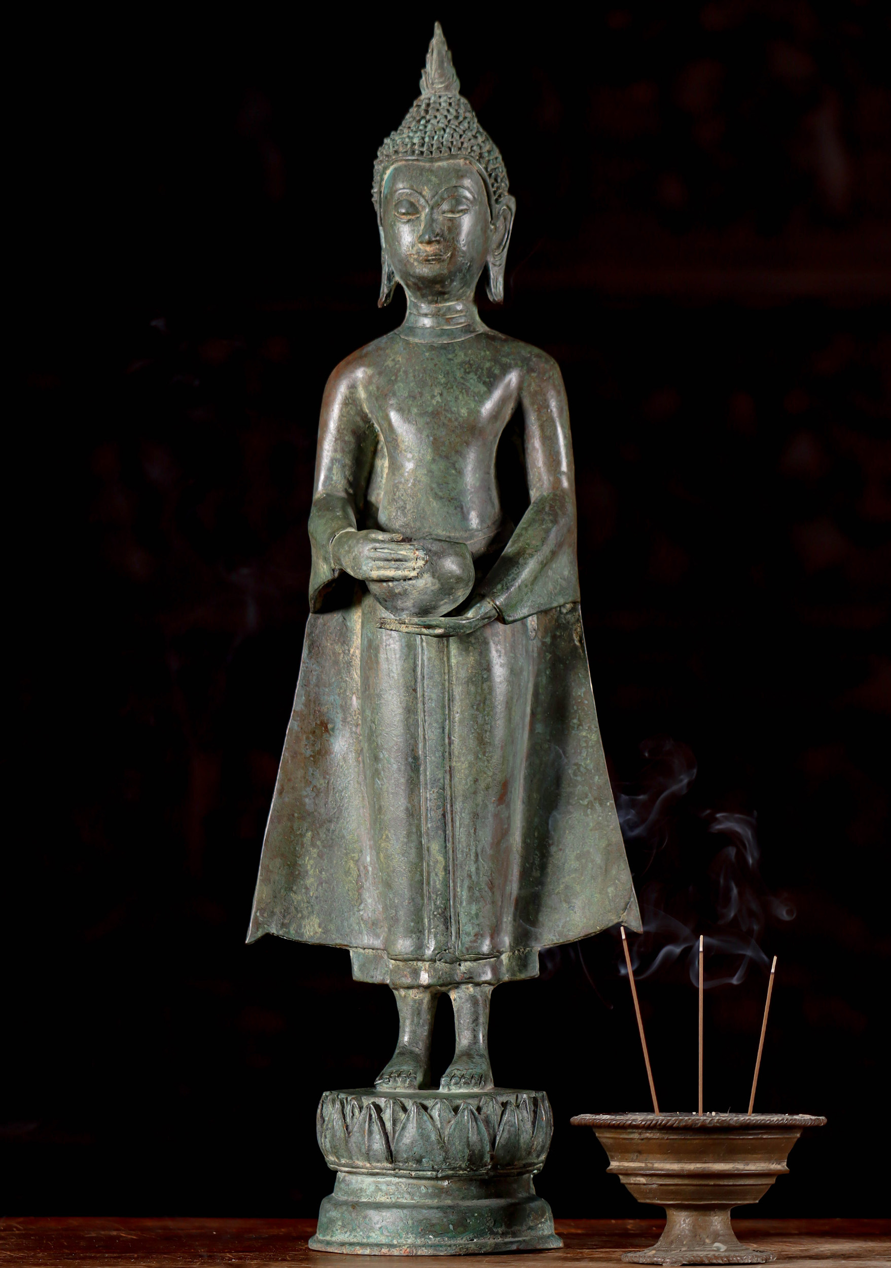 Brass Buddha, Antique Green Minimalistic Design on Lotus Base Northern Thai Uttong Style 21.5"