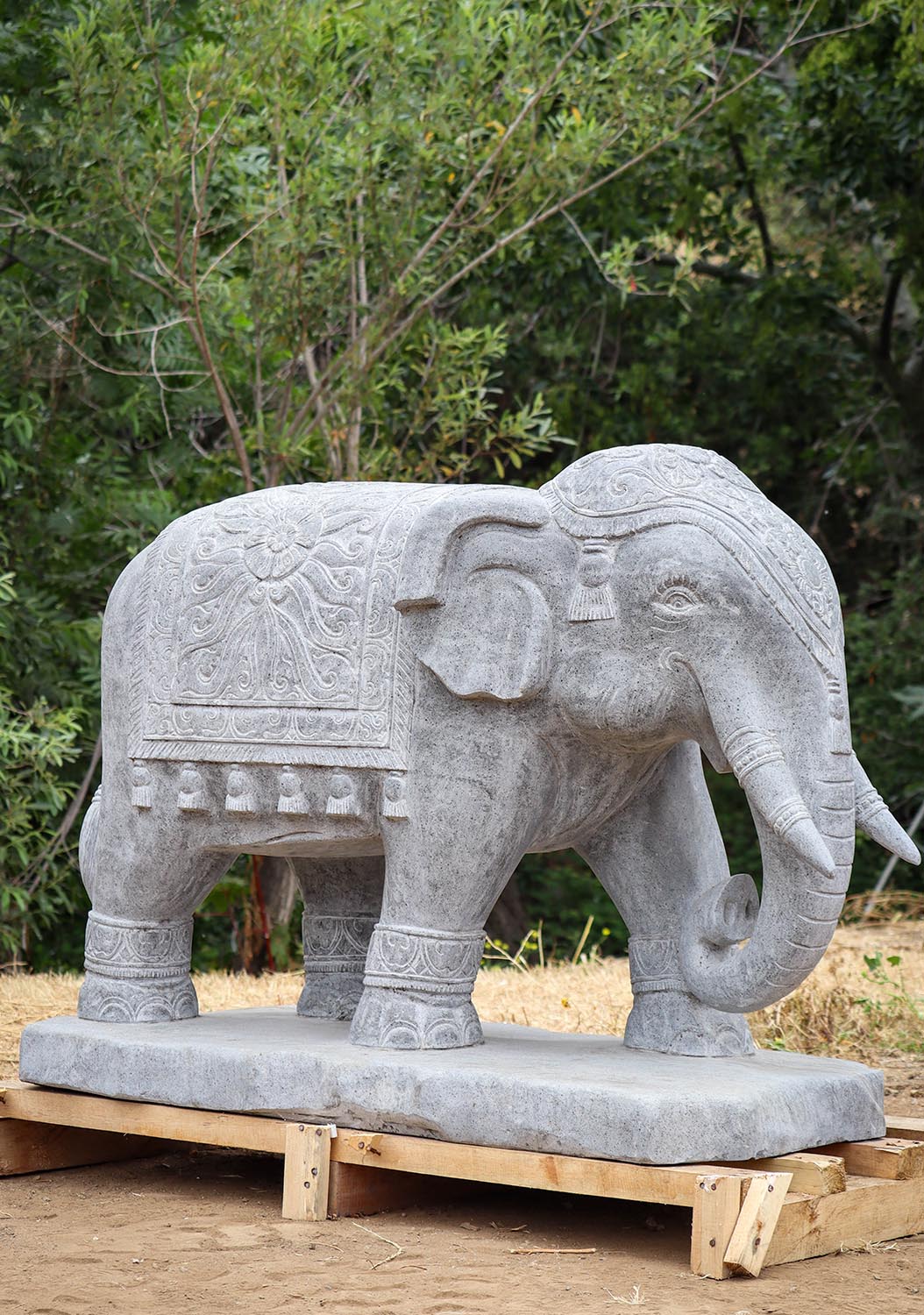 Majestic Volcanic Stone Processional Elephants: A Hand-carved Indonesian Marvel 55"