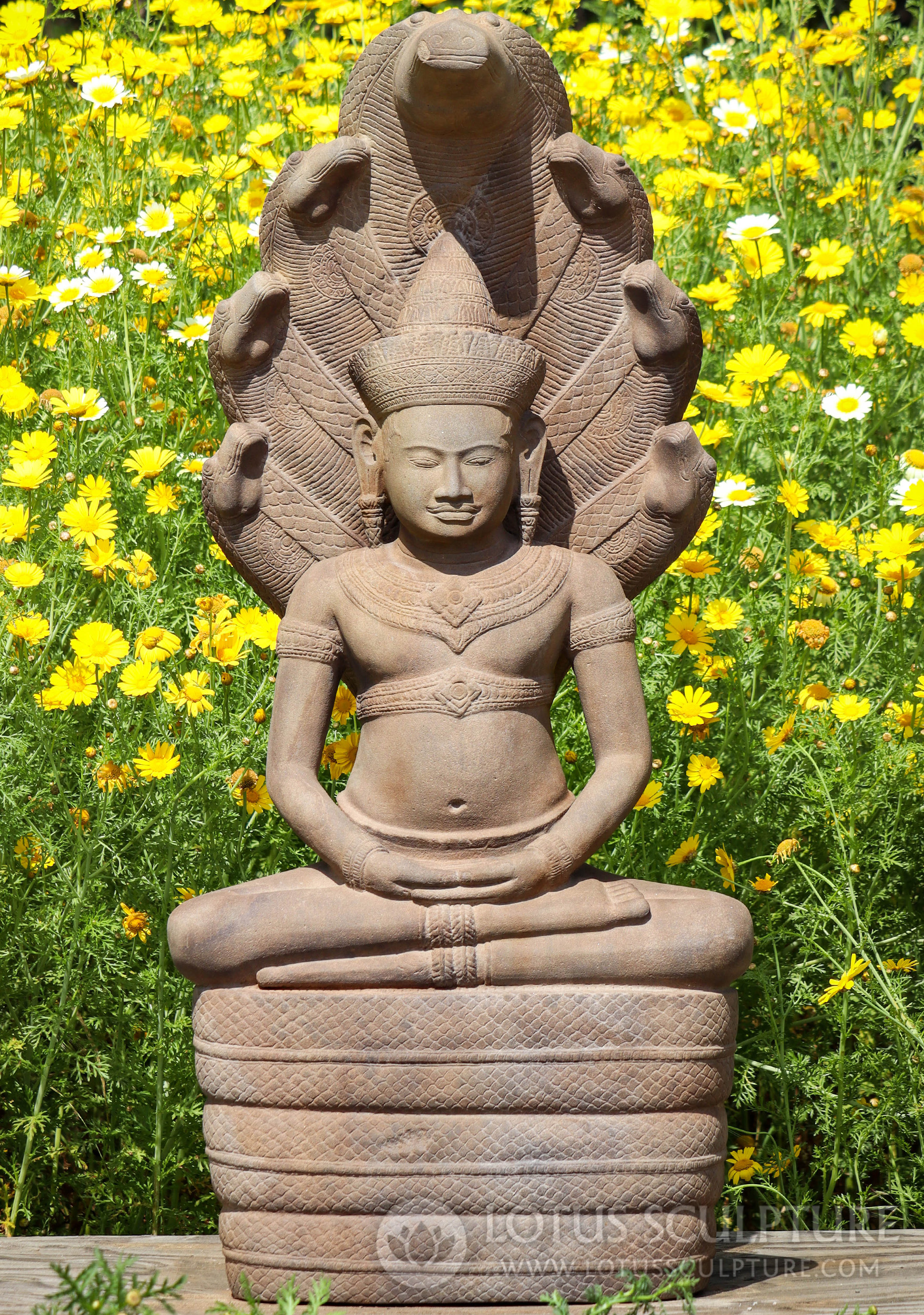 Buddha Statue Meditating Beneath Muchalinda Sandstone Hand Carved in Cambodia 48"