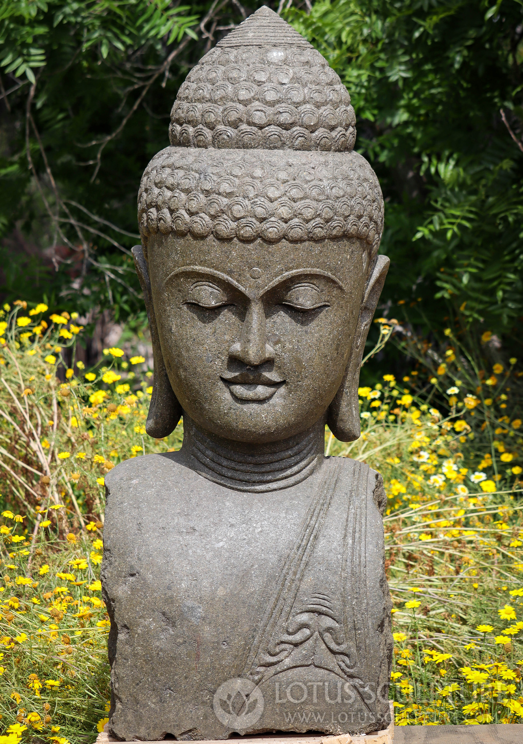 Buddha Bust Statue - Peaceful Lava Stone Sculpture for Garden and Home Decor 60"
