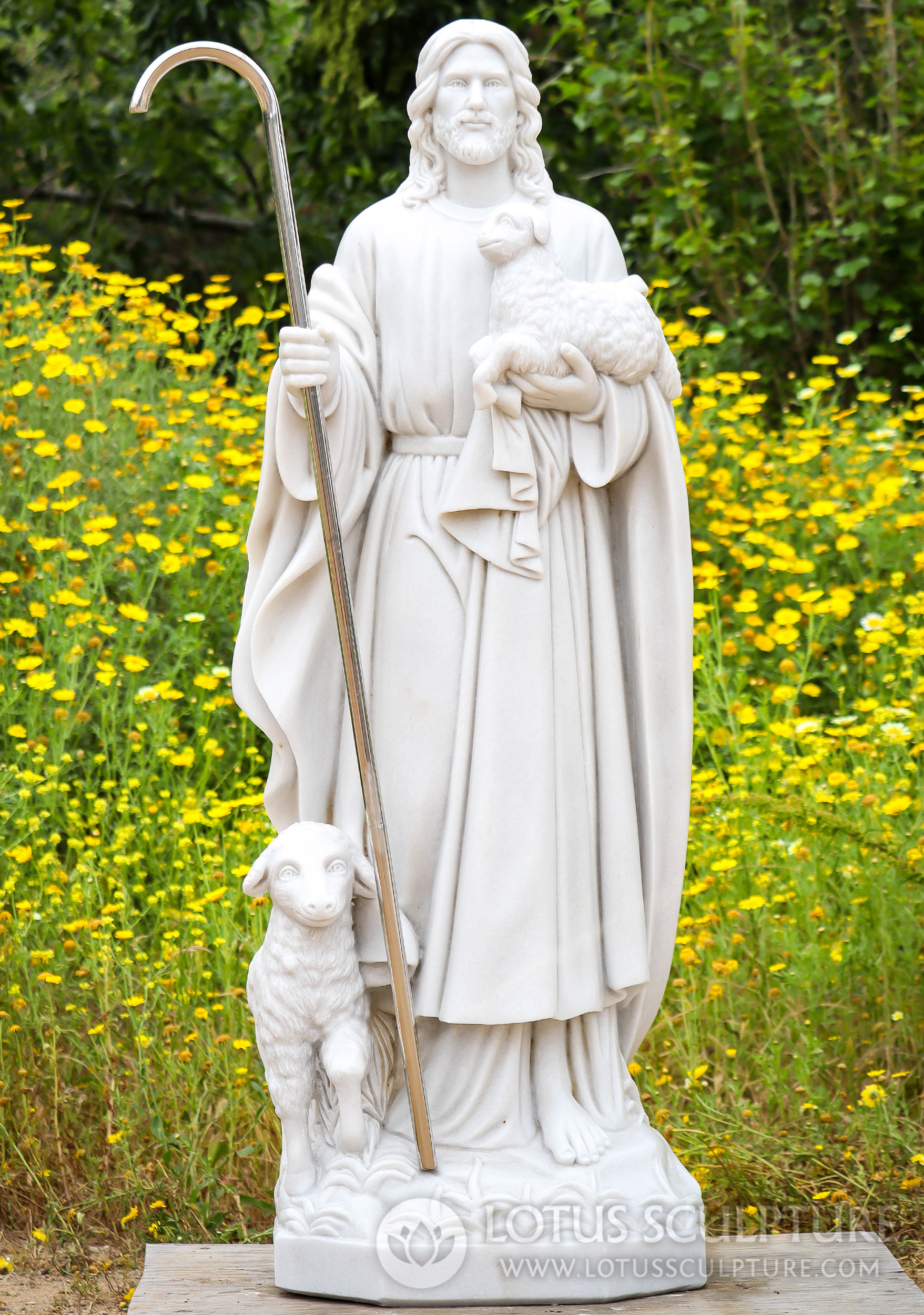 Jesus, The Shepherd, with Staff and Lamb, Hand Carved White Marble Garden Sculpture 60"