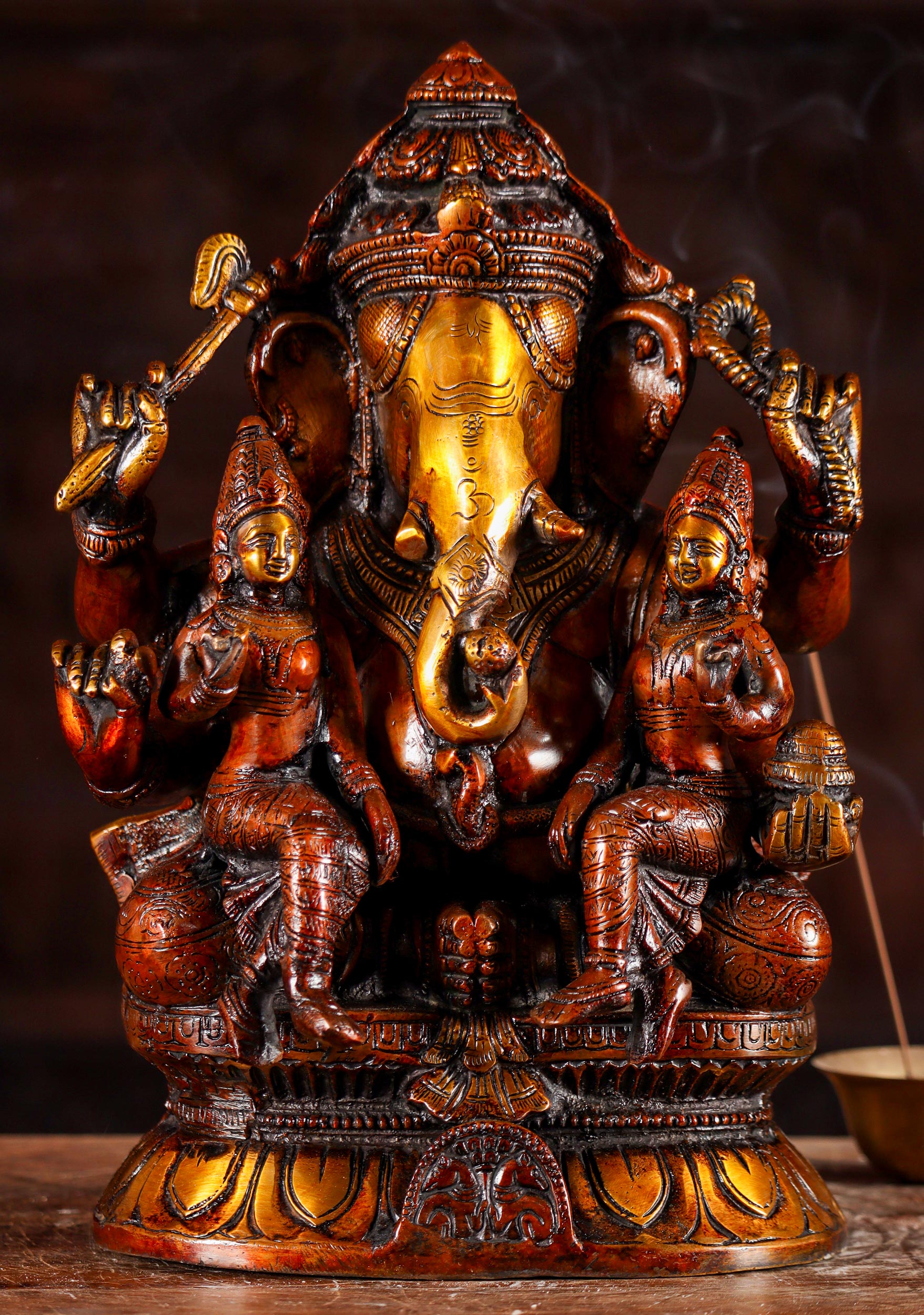 Ganesh Statue with Consorts Siddhi & Buddhi Representing Spiritual Power & Intellect 12"