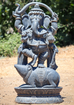 Ganesh Garden Statue Odishan Granite Sculpture Dancing on Mooshika with Cobra 37" Ganesh Garden Statue Odishan Granite Sculpture Dancing on Mooshika with Cobra 37"