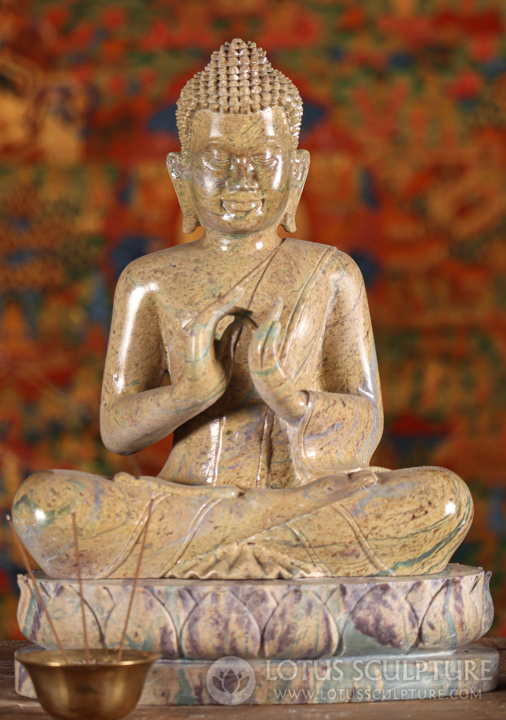 Buddha Sculpture Cambodian Yellow Marble Dharma Chakra, Half Lotus Pose 14"