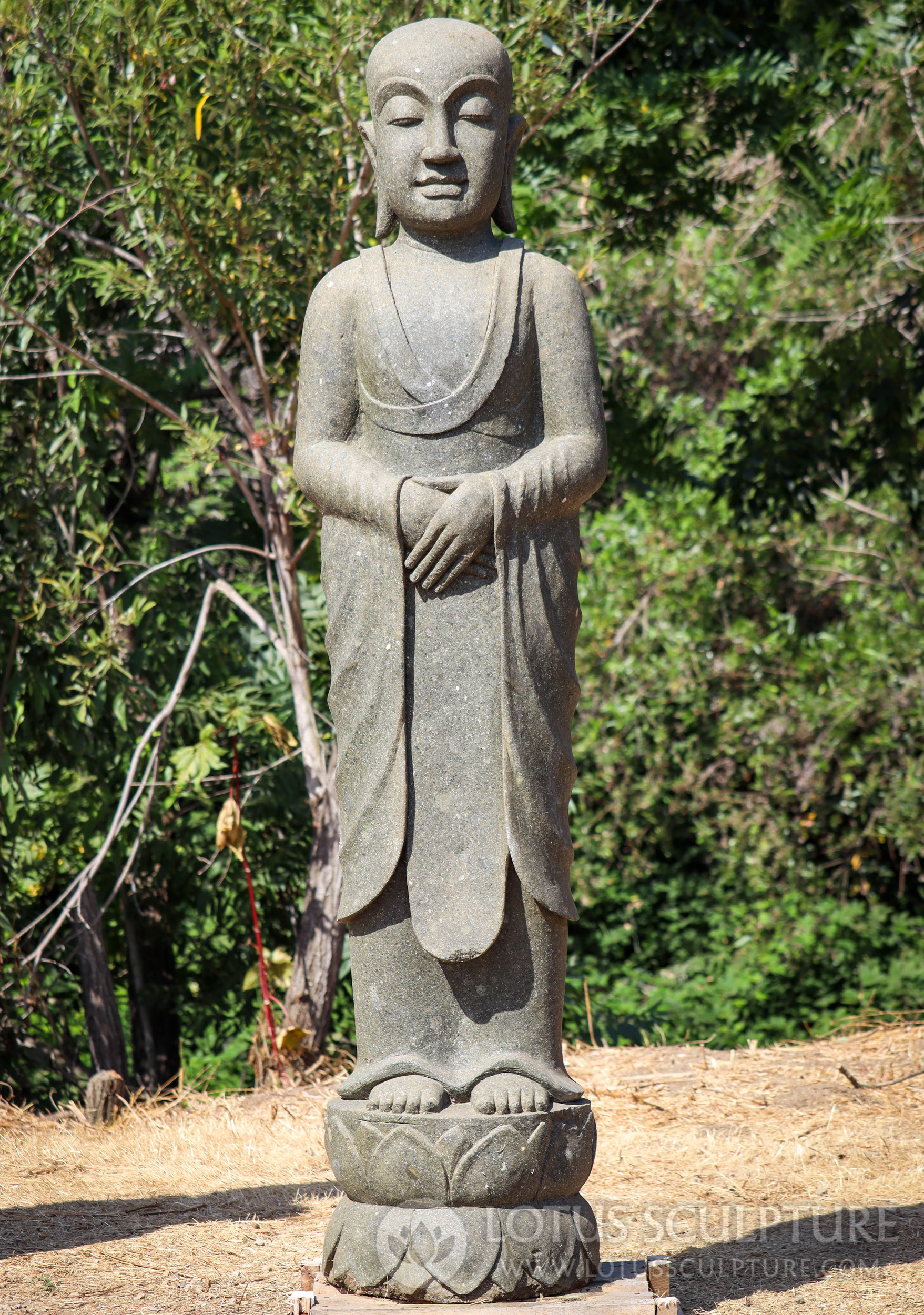 Tall Japanese-Style Lava Stone Standing Buddha Statue Serene Garden Decor 80"