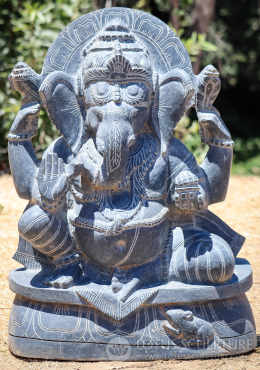 Ganesh Granite Garden Statue with Cobra Belt, Noose, Conch, Bowl of Sweets, and Halo 31" Ganesh Granite Garden Statue with Cobra Belt, Noose, Conch, Bowl of Sweets, and Halo 31"