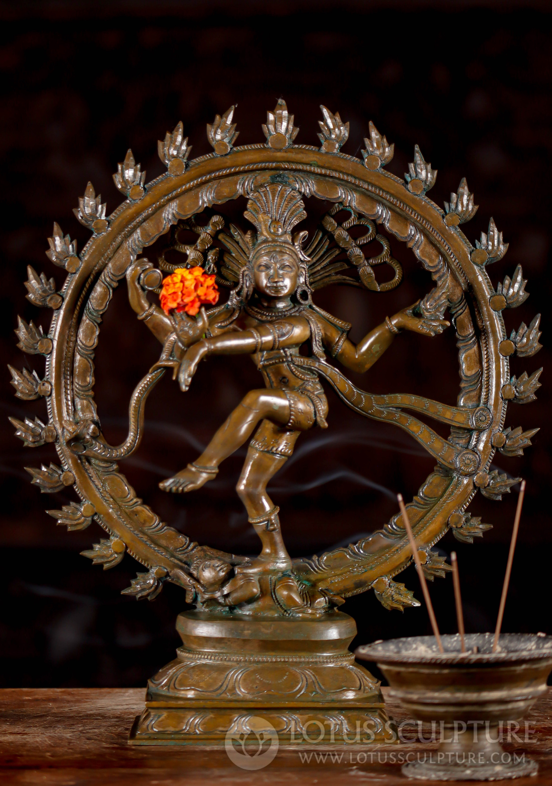 Nataraja Bronze Statue, Dancing Shiva Holding Drum & Agni with Cobra Surrounded by Fiery Arch 13"
