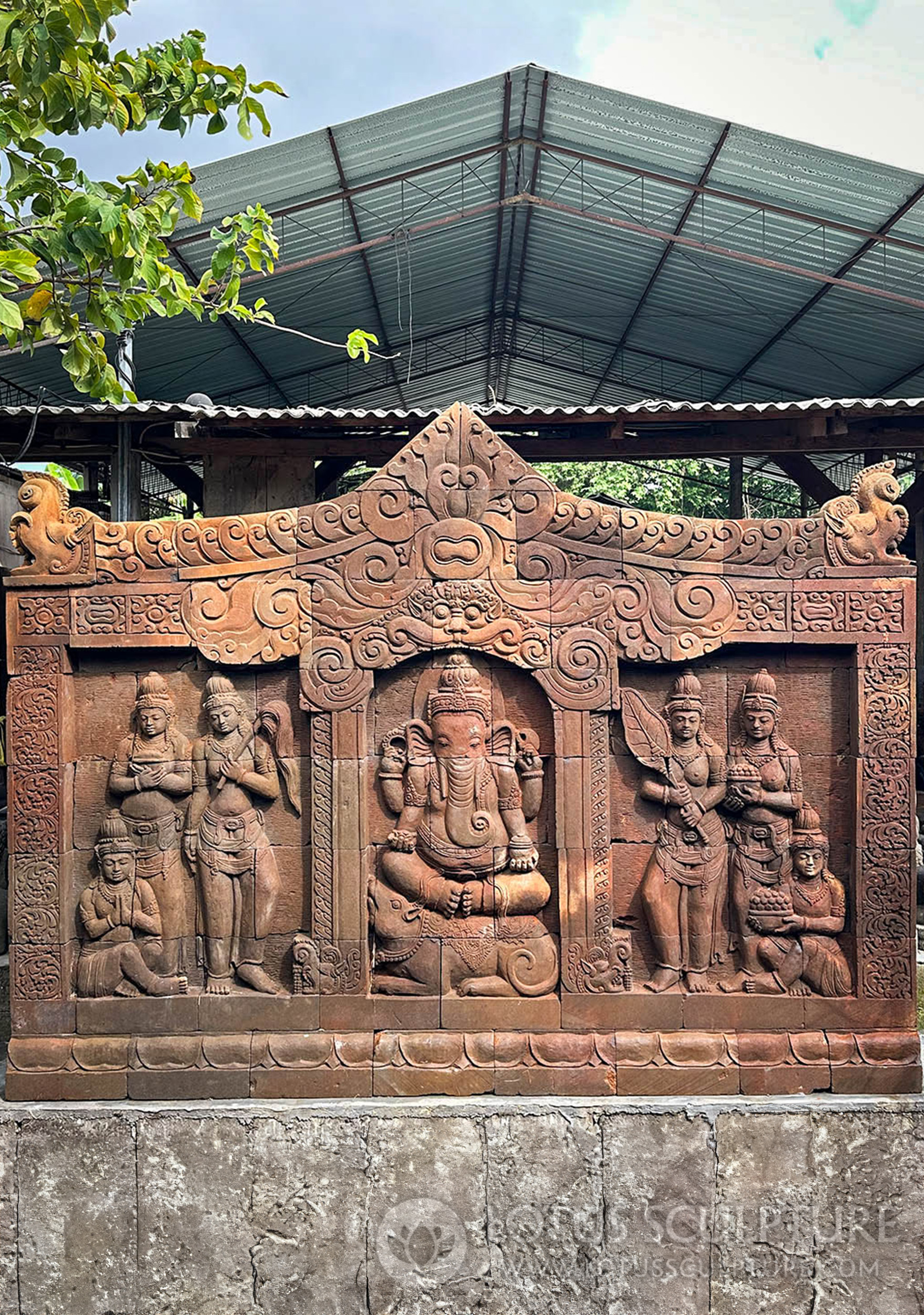 Custom Ganesh Stone Relief Seated on Mooshika with Mala and Vessel with Yali Faces 6.5'x10'