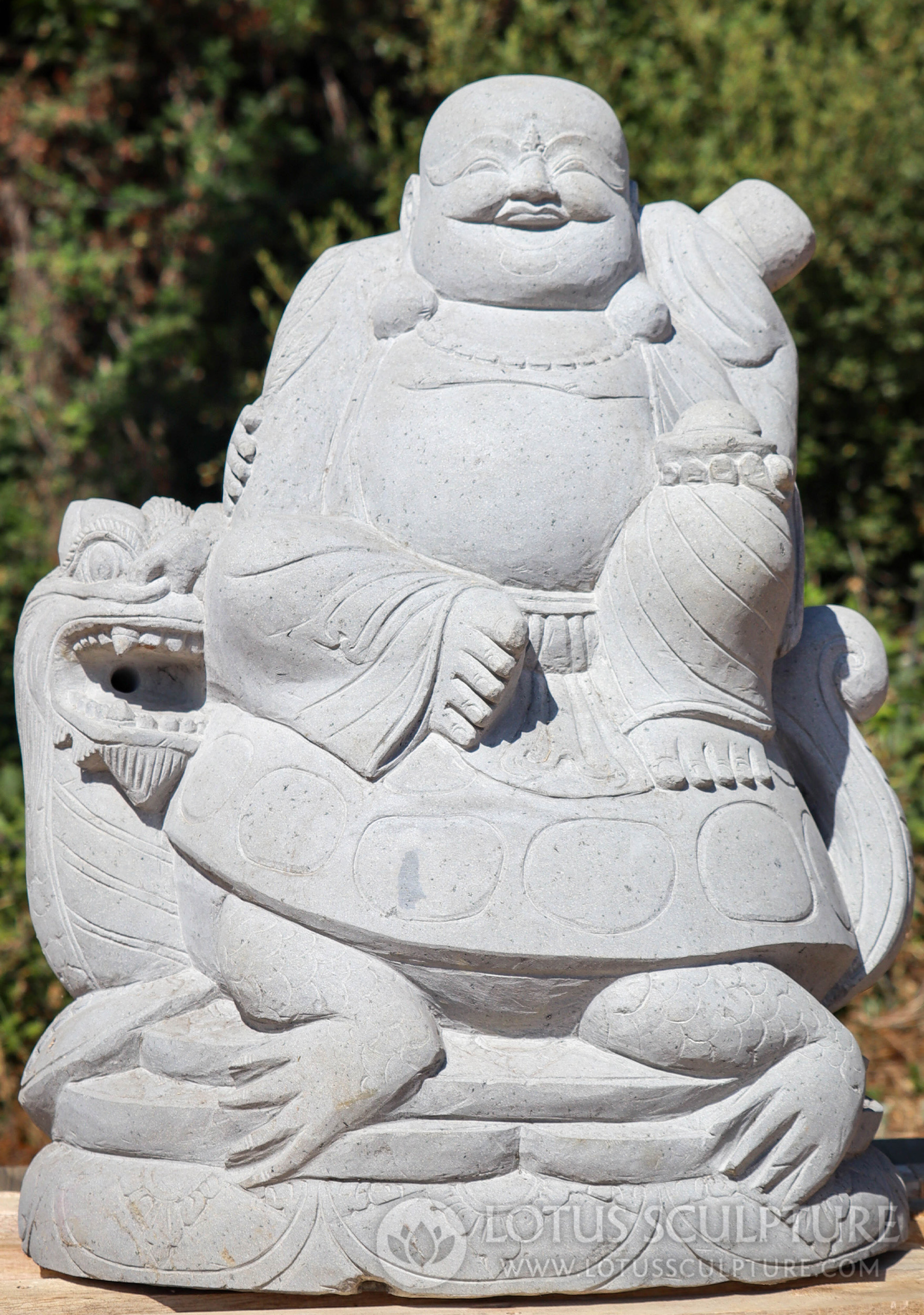 Happy Buddha Seated on Dragon Turtle Fountain - Lava Stone Garden Sculpture 29"